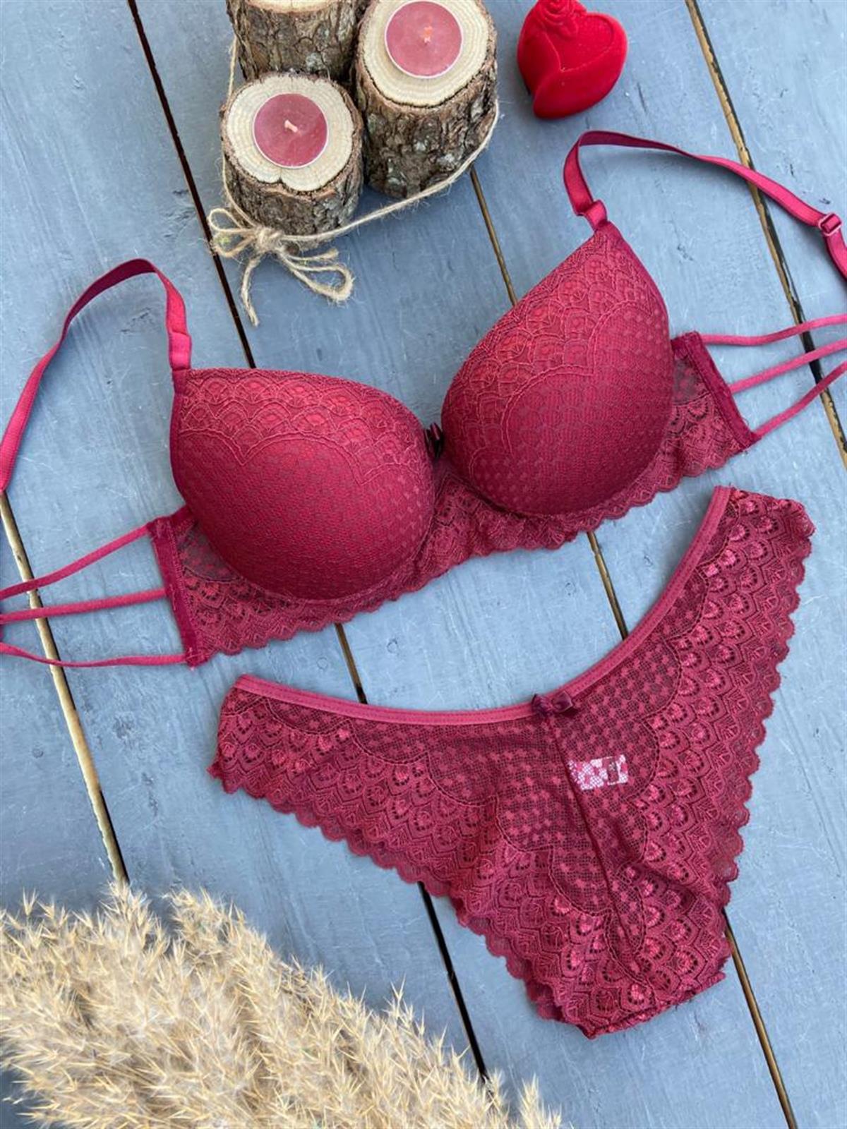 Bordo Üç İpli Dolgulu Balenli Dantelli Sütyen Takım