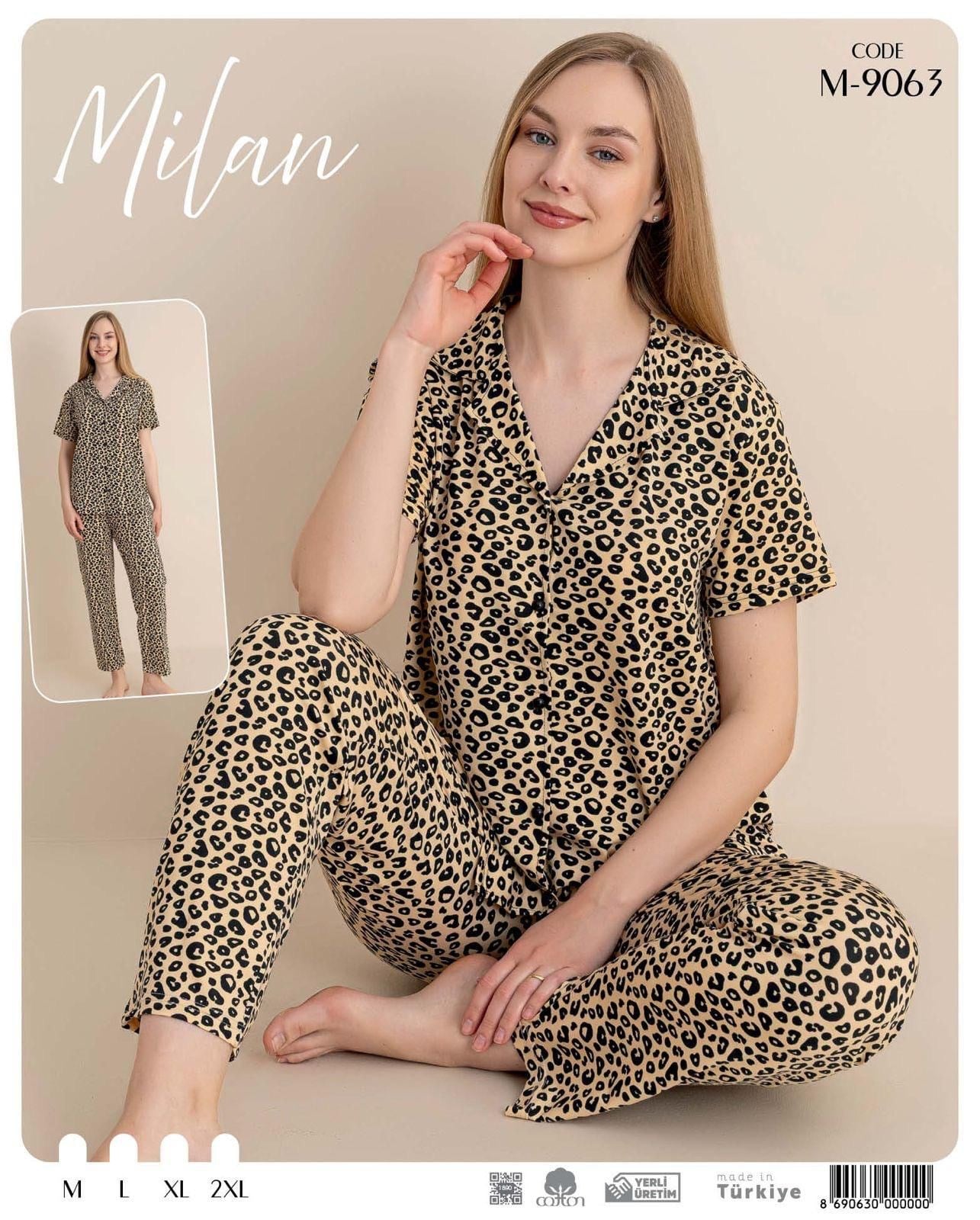 Desenli Düğmeli Kısa Kol Pijama Takım M-9063