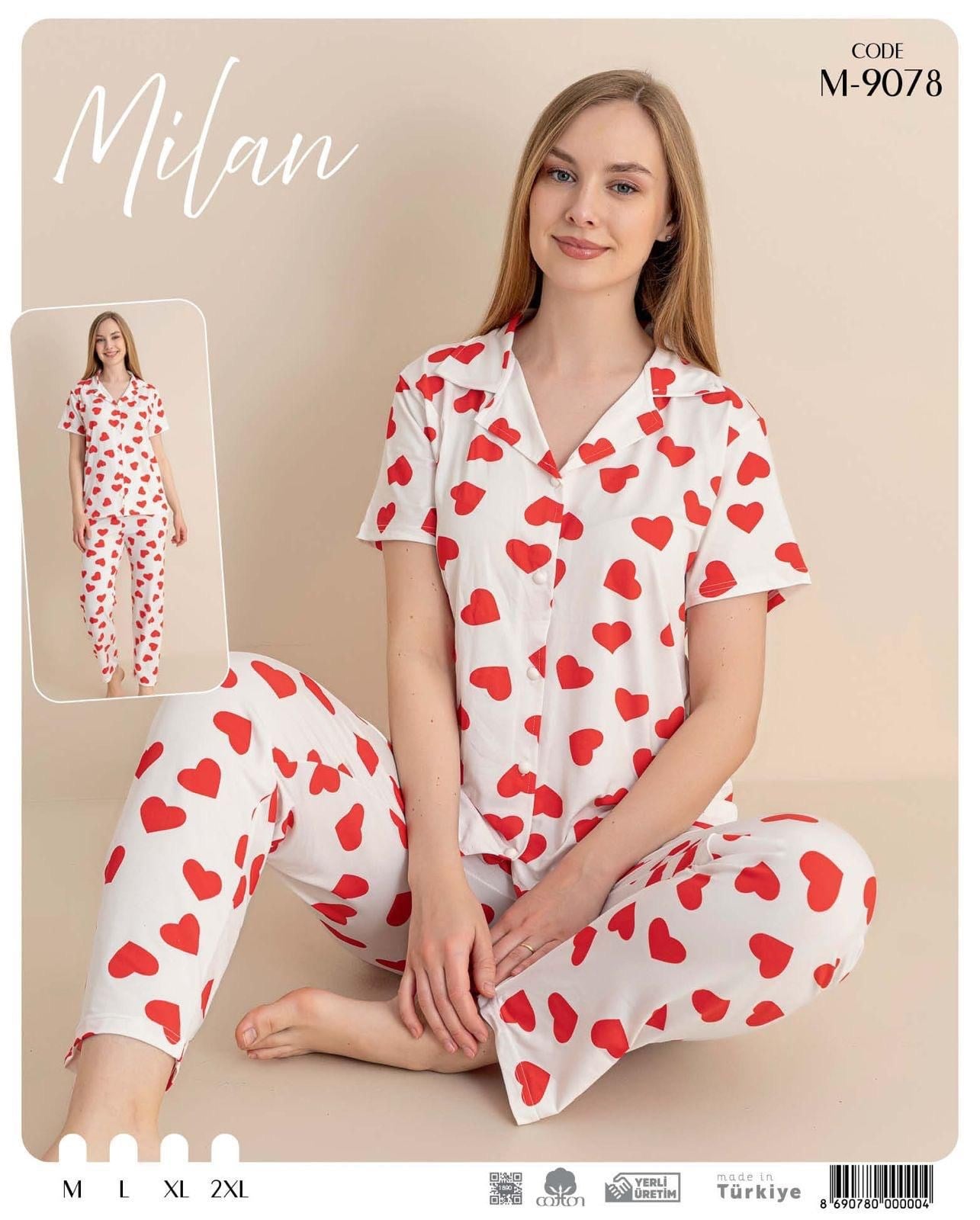 Desenli Düğmeli Kısa Kol Pijama Takım M-9078