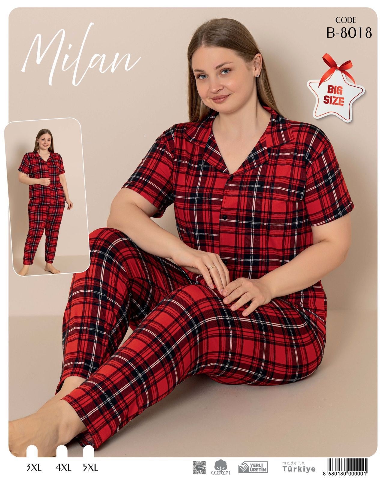 Desenli Düğmeli Kısa Kol Pijama Takım B-8018