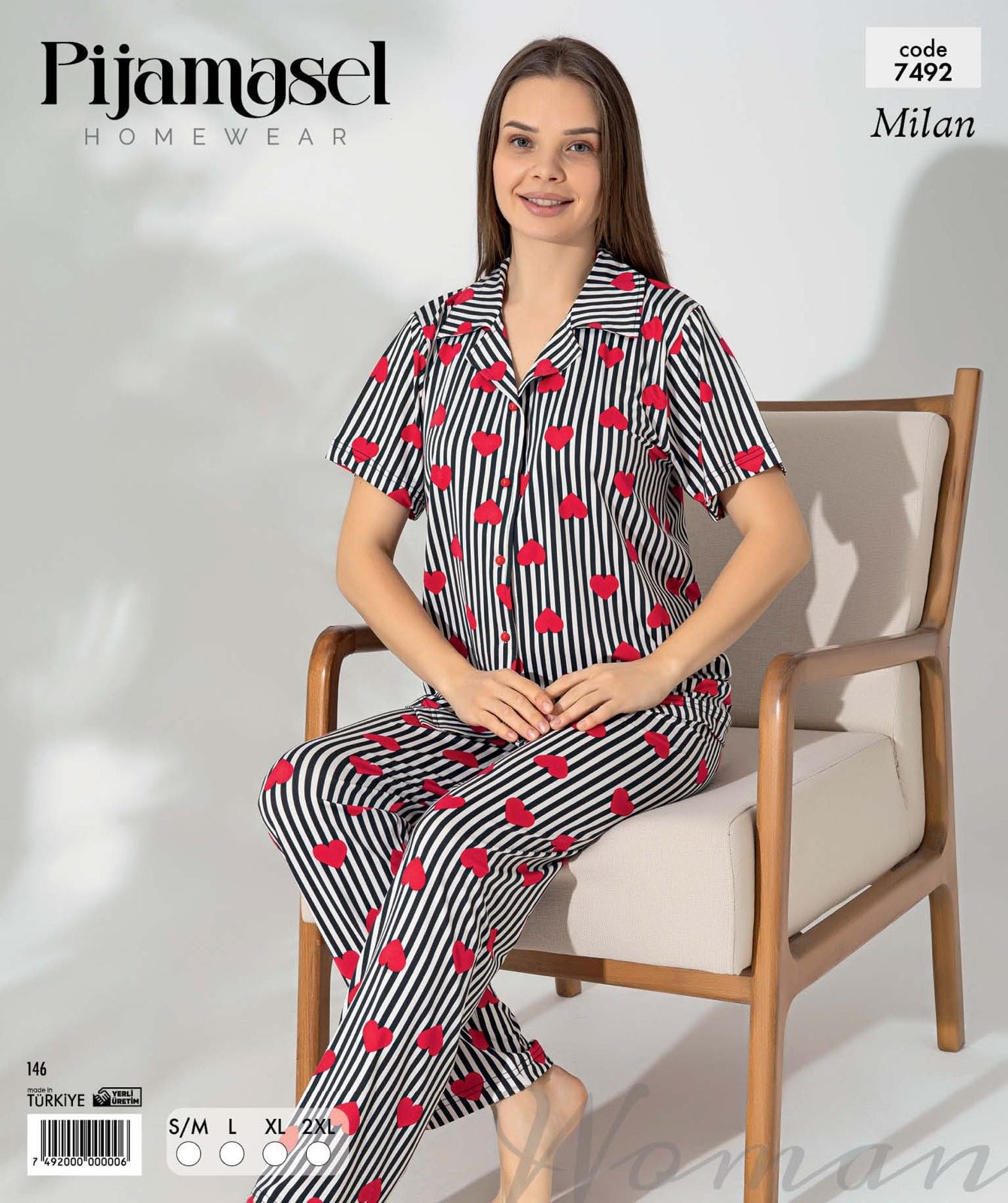 Desenli Düğmeli Kısa Kol Pijama Takım 7492