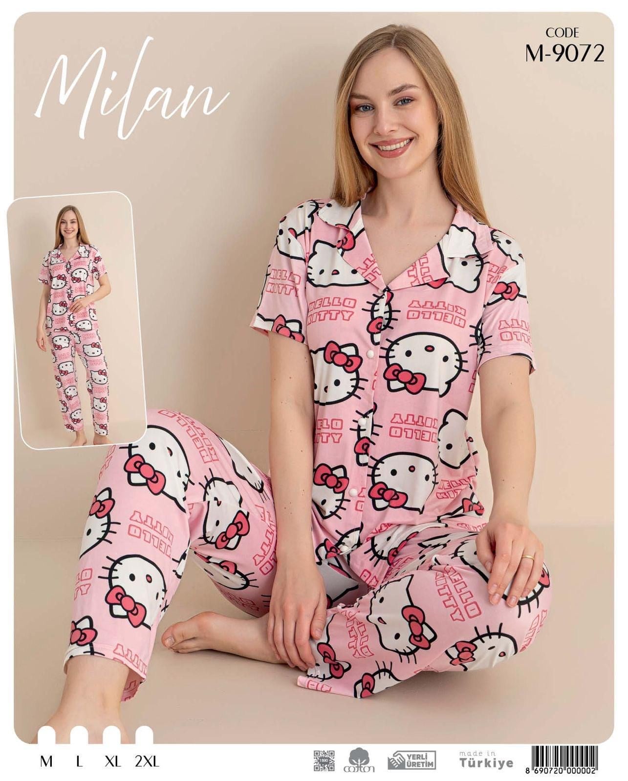 Desenli Düğmeli Kısa Kol Pijama Takım M-9072