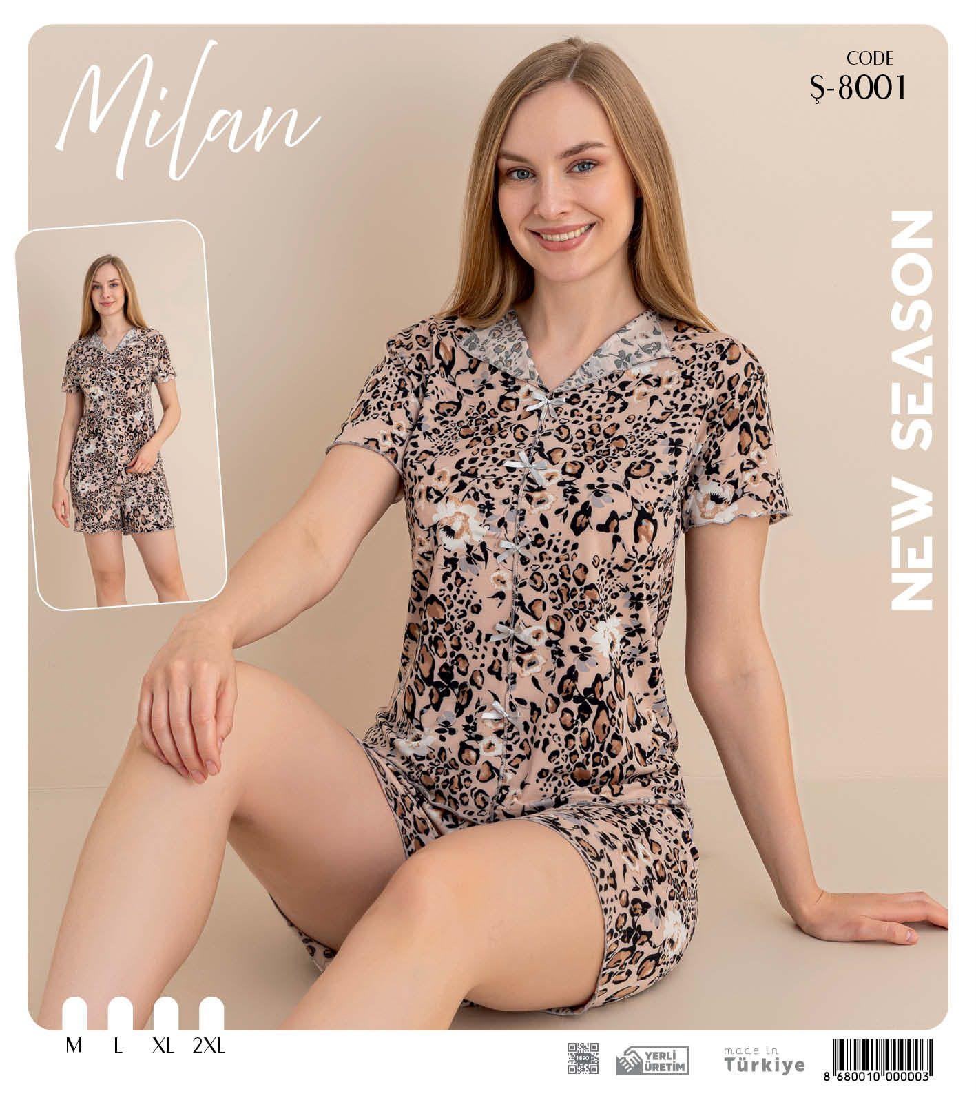 Desenli Fiyonku Kısa Kol Şortlu Pijama Takım Ş-8001
