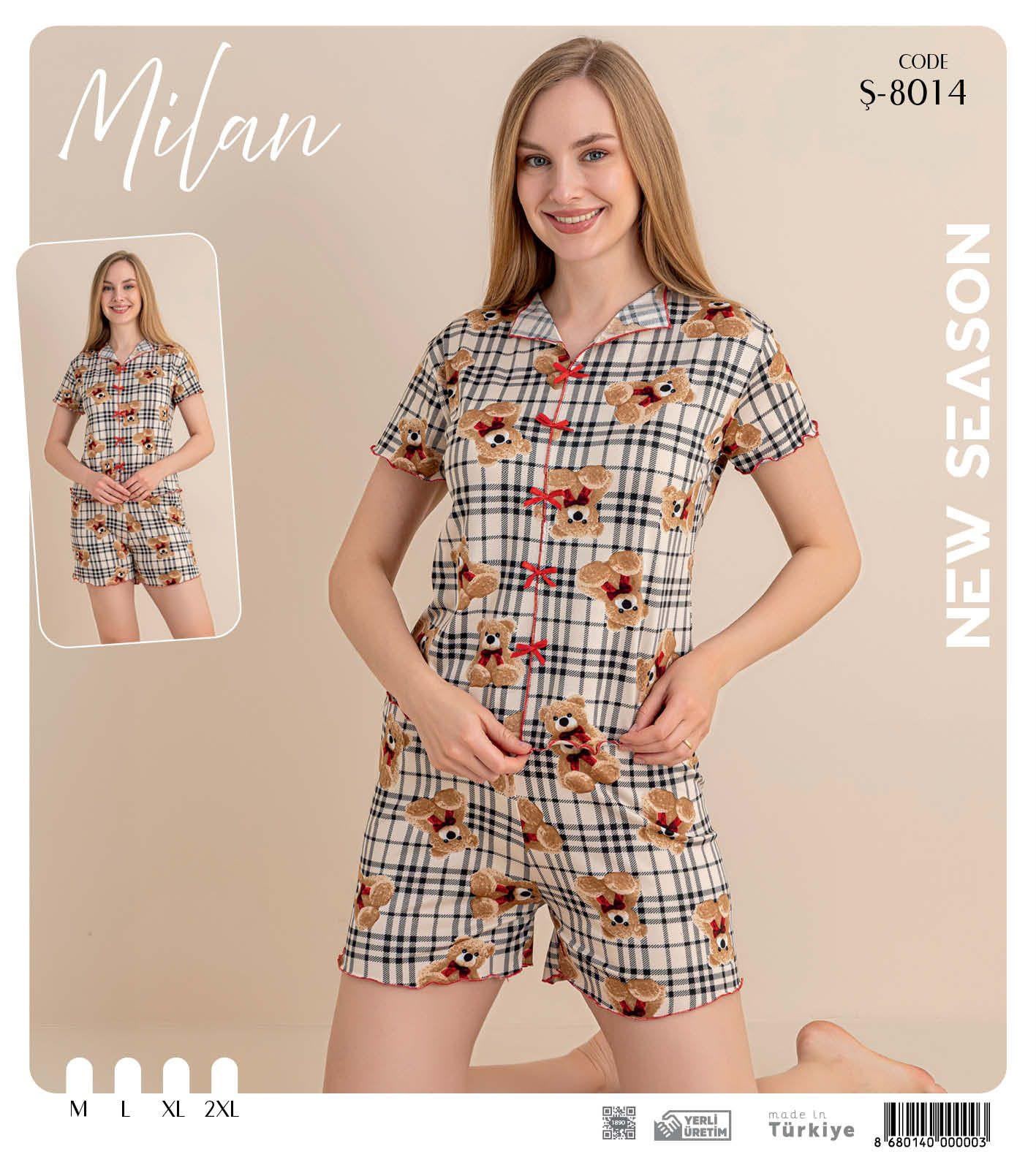 Desenli Fiyonku Kısa Kol Şortlu Pijama Takım Ş-8014