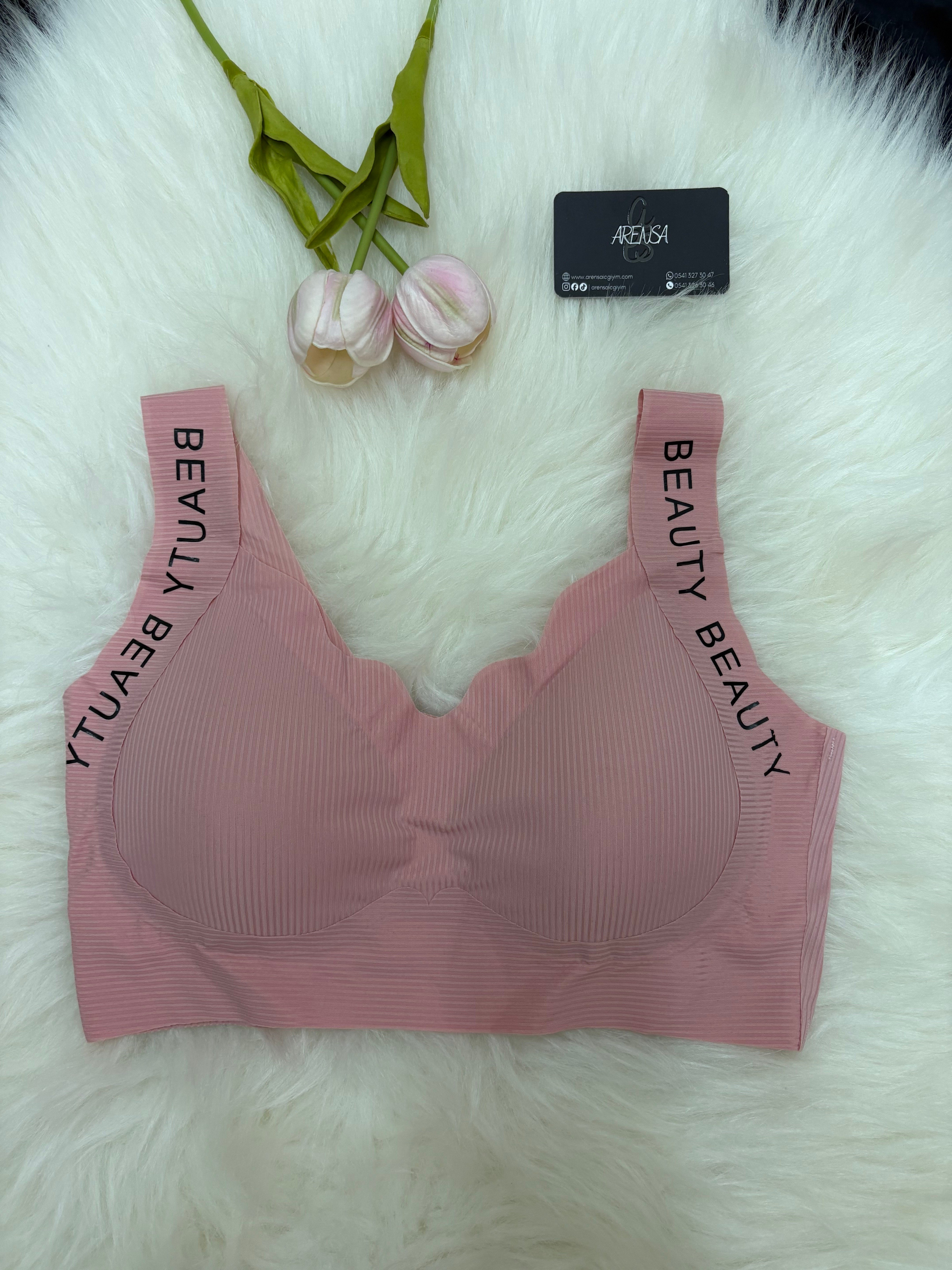 Pembe Çizgili Yazı Detaylı Dolgusuz Kopçasız Kalın Askılı Lazer Kesim Bralet
