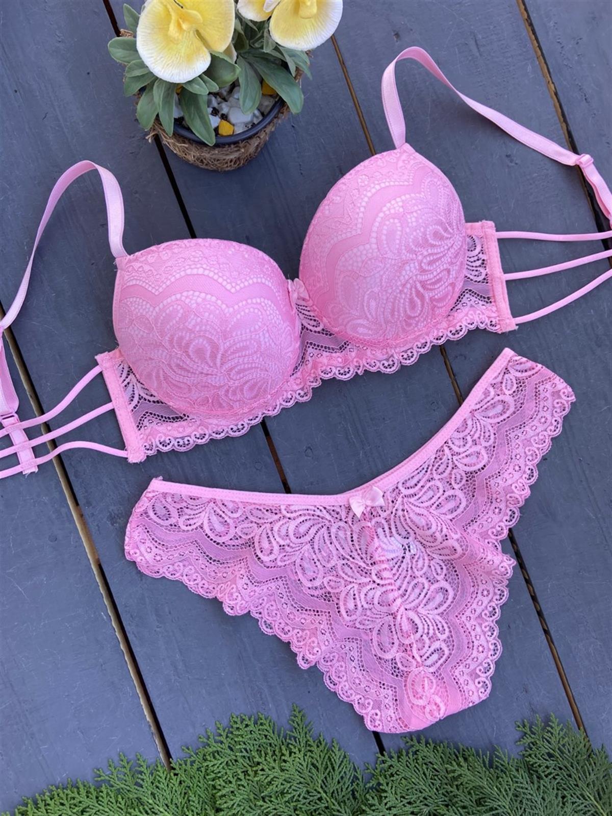 Pembe Üç İpli Dolgulu Balenli Dantelli Sütyen Takım