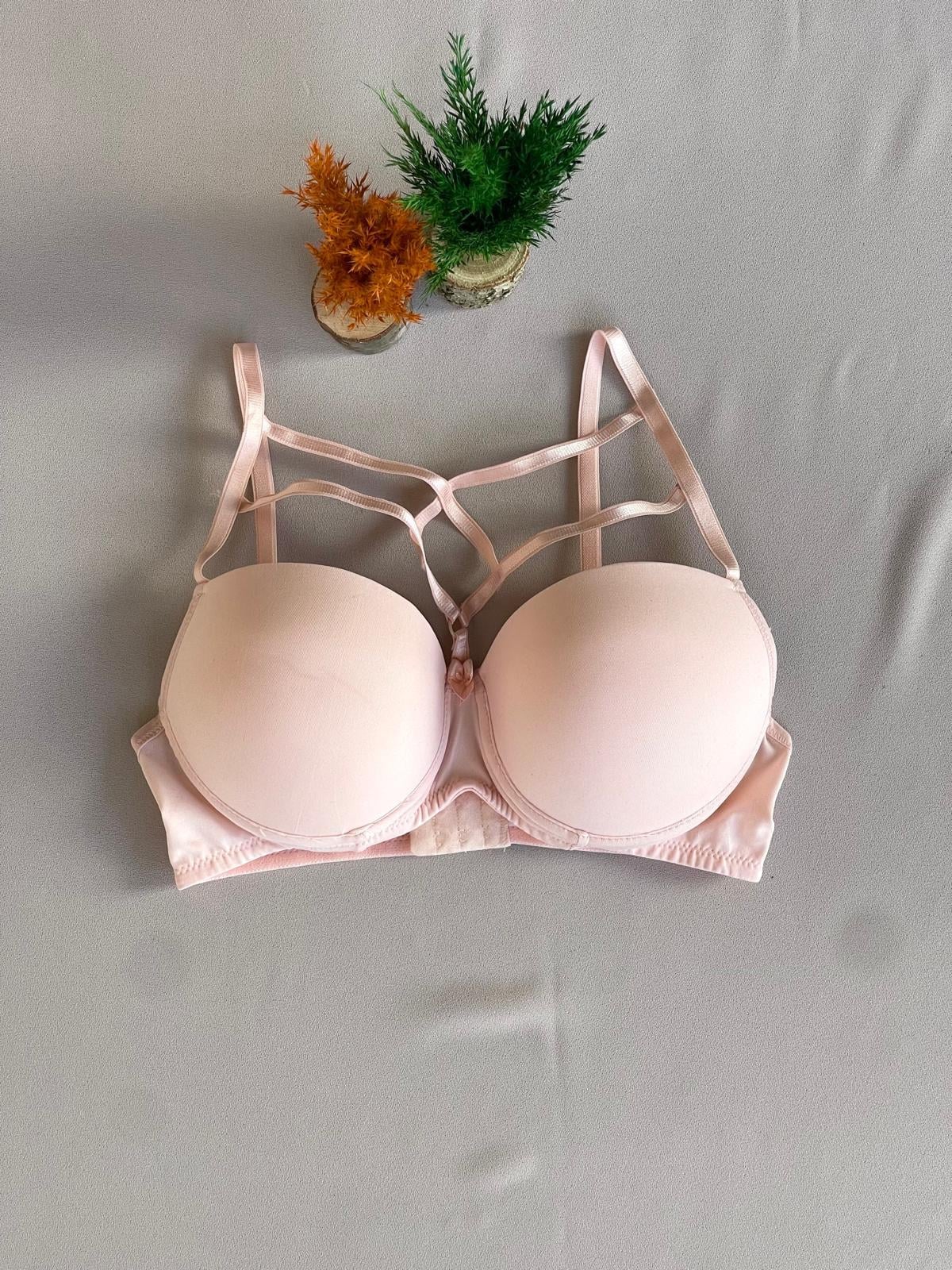 Pudra Pembe Dolgulu Balenli Çaprazlı İpli Mikro Tekli Sütyen