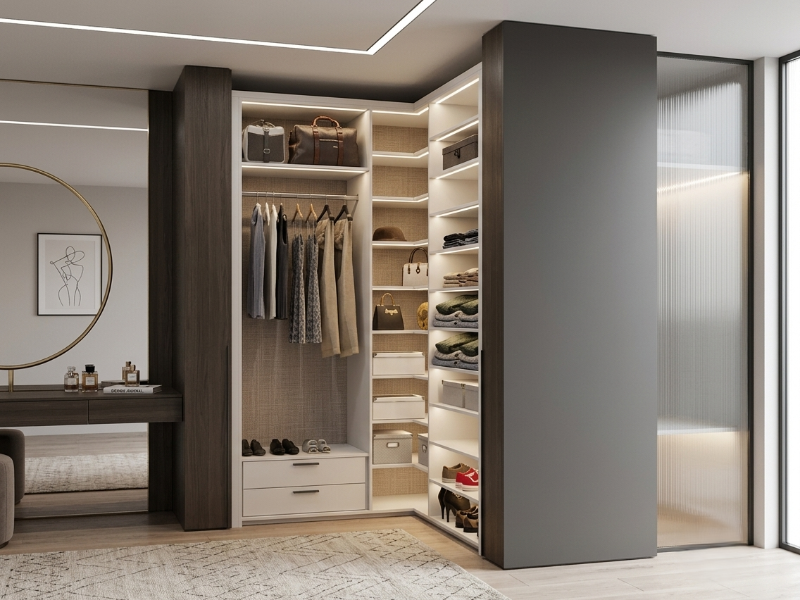 MODERN CORNER WALK-IN CLOSET 180x180 DRAWER & LED LIGHT