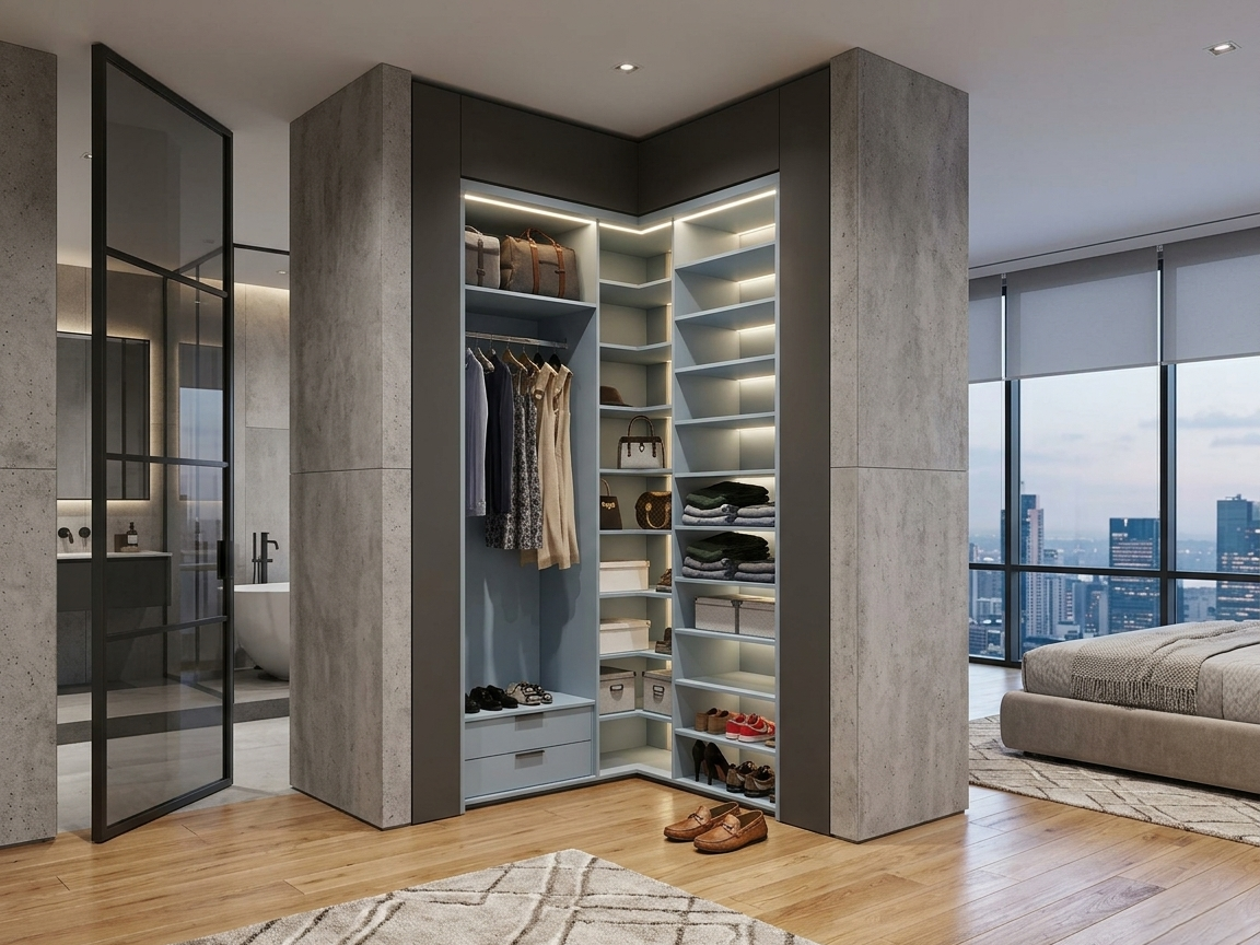 MODERN CORNER WALK-IN CLOSET 180x180 DRAWER & LED LIGHT