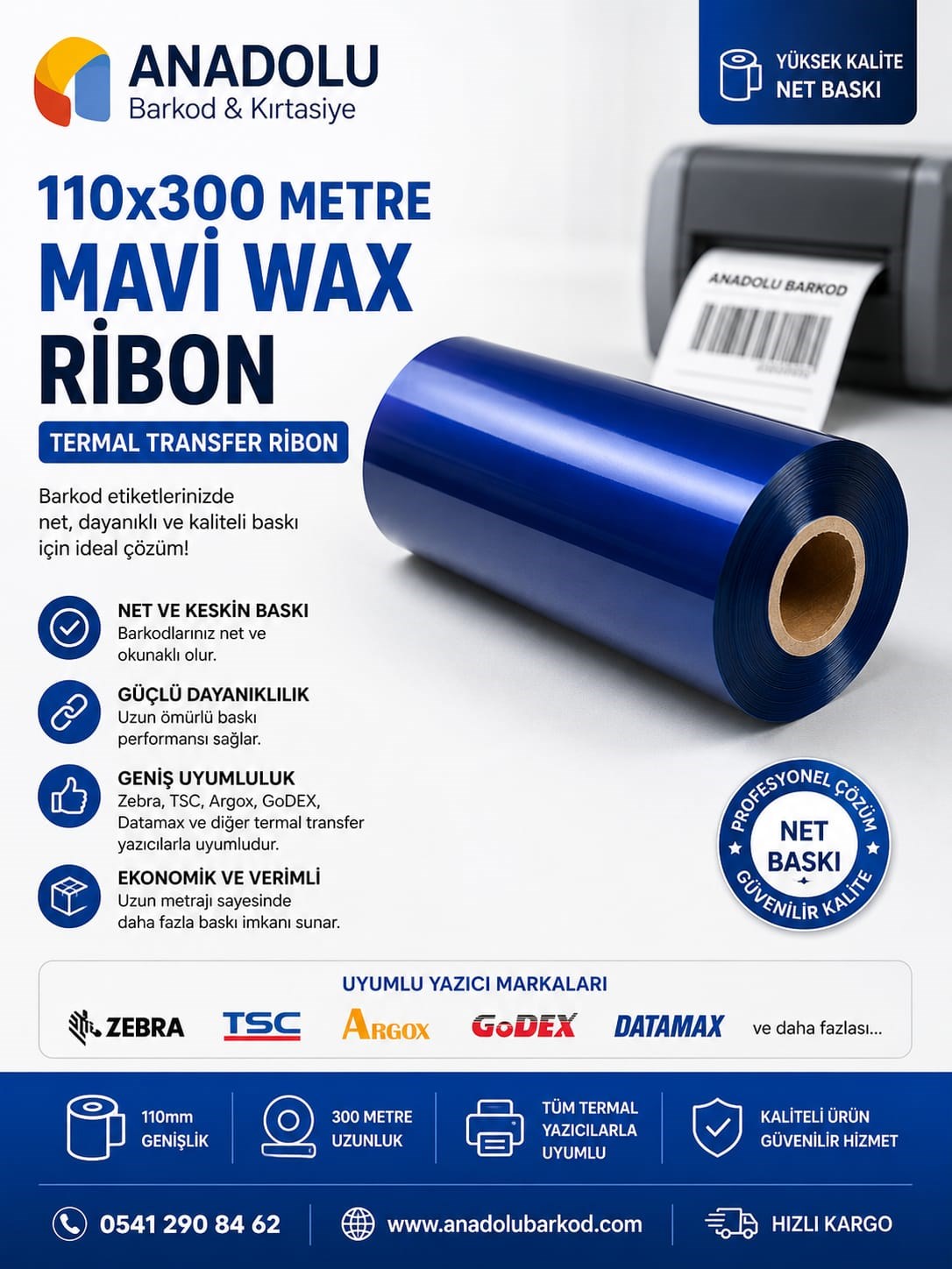 110*300 Metre Mavi Wax Ribbon | Termal Transfer Ribon