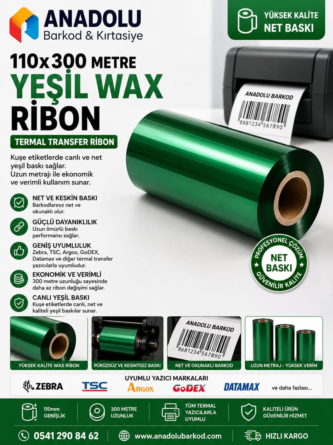 110*300 Metre Yeşil Wax Ribbon | Termal Transfer Ribon