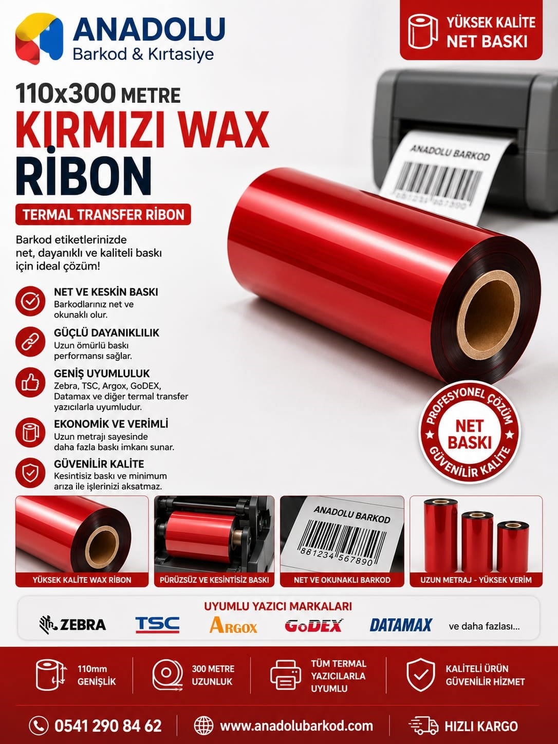 110mm x 300 Metre Kırmızı Wax Ribon