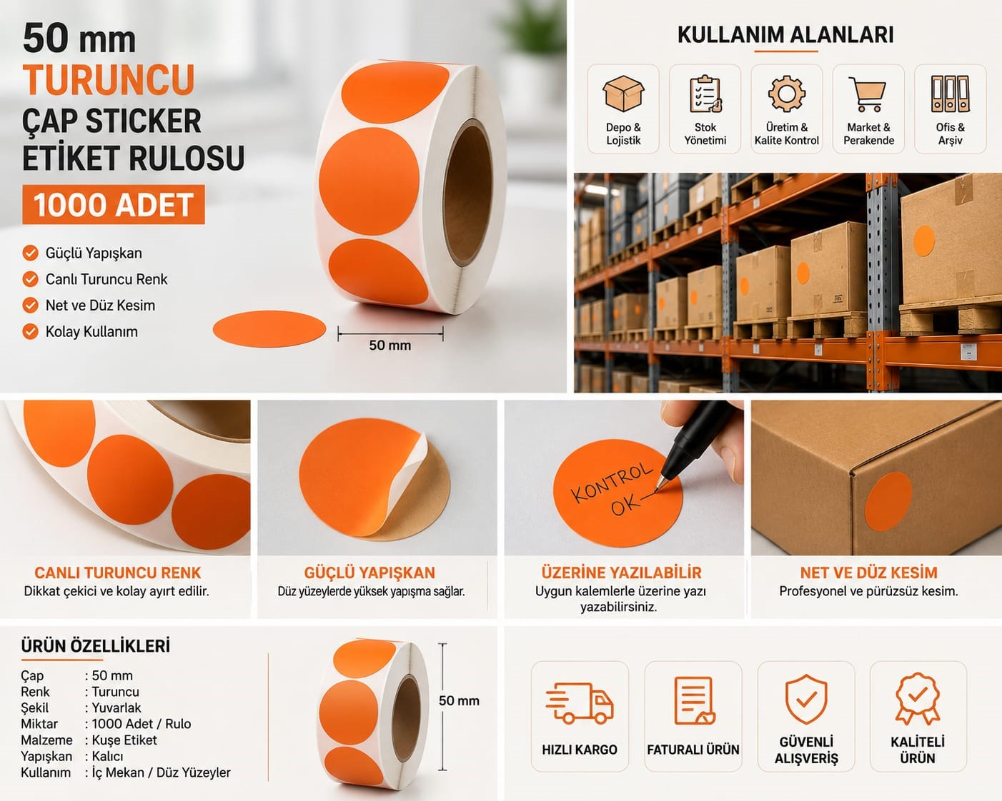 50 mm Turuncu Çap Yuvarlak  Sticker Etiket Rulosu 1000 Adet