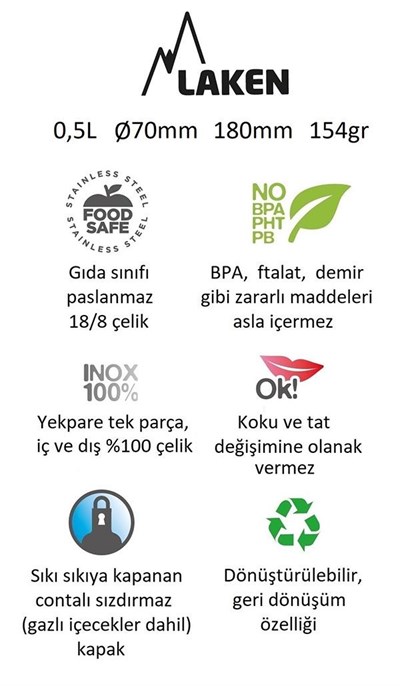 Laken Paslanmaz Çelik Basik Şişe 500 Ml