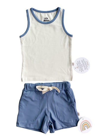 Little Basics Kolsuz Tshirt - Düz Modal Krem (Petrol Detaylı)