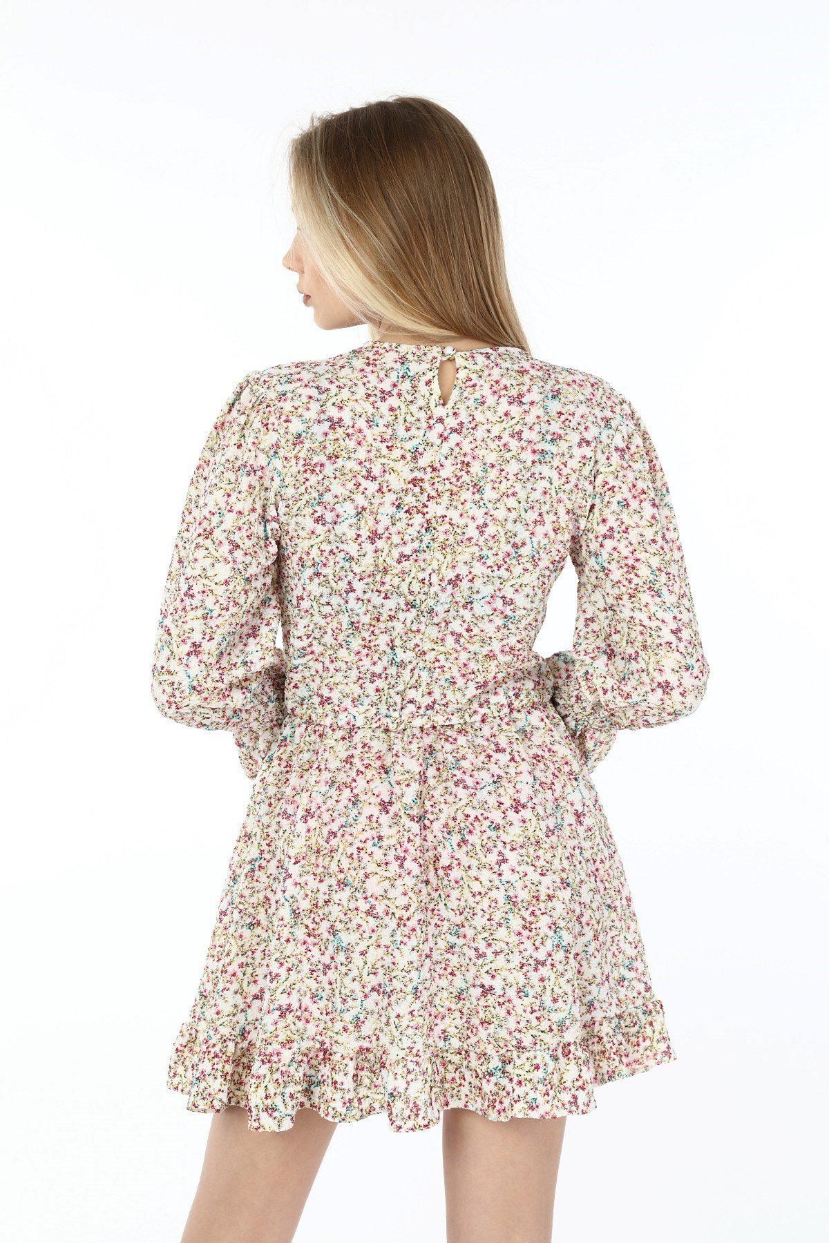 Beli Büzgülü Kolu Gipeli Eteği Fırfırlı Gofre Pembe Tunik Elbise