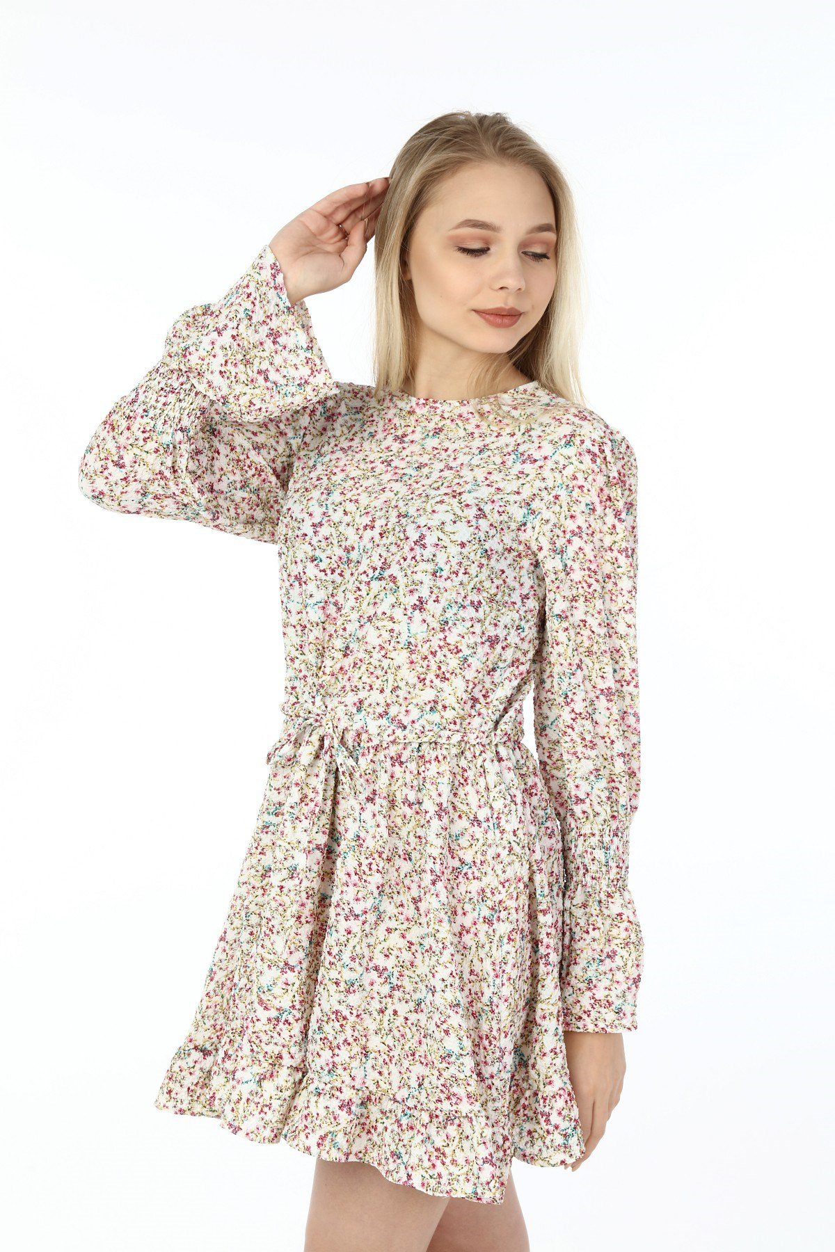 Beli Büzgülü Kolu Gipeli Eteği Fırfırlı Gofre Pembe Tunik Elbise