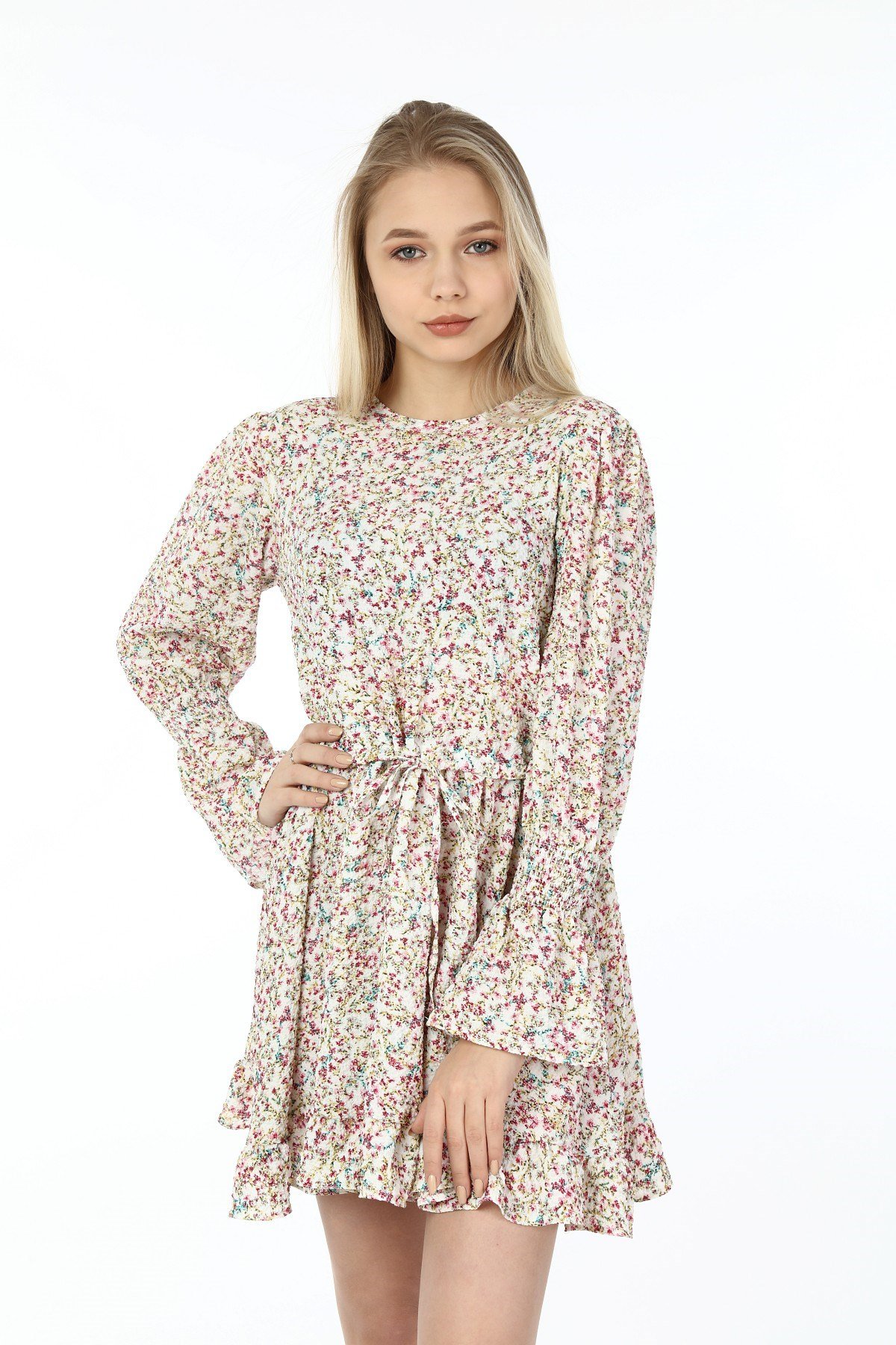Beli Büzgülü Kolu Gipeli Eteği Fırfırlı Gofre Pembe Tunik Elbise