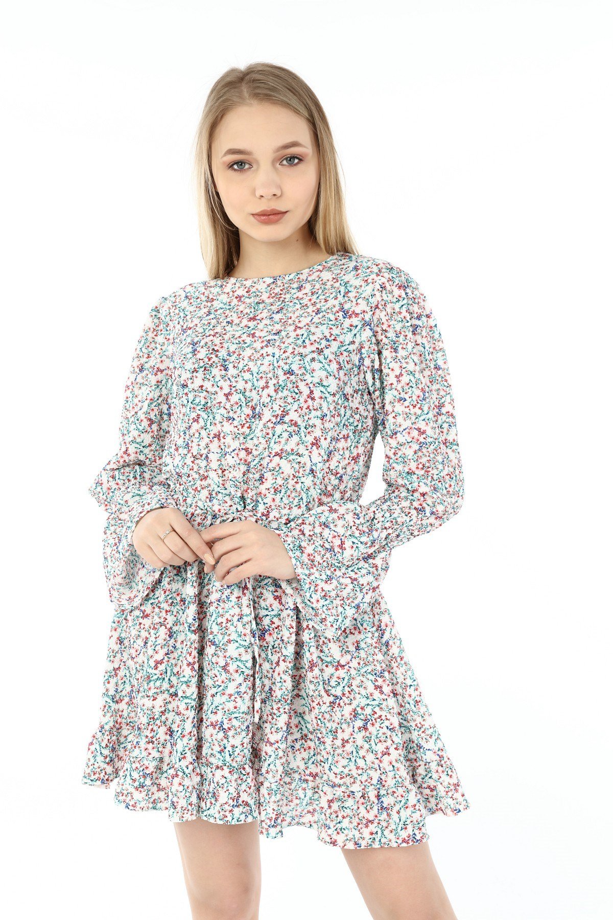 Beli Büzgülü Kolu Gipeli Eteği Fırfırlı Gofre Yeşil Tunik Elbise