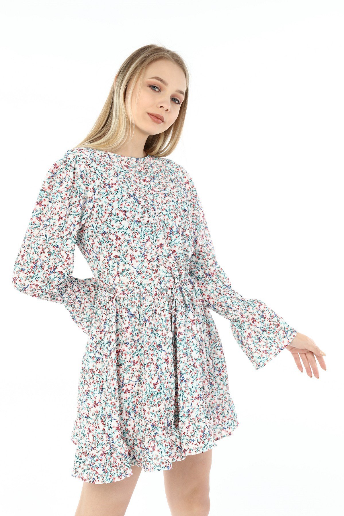 Beli Büzgülü Kolu Gipeli Eteği Fırfırlı Gofre Yeşil Tunik Elbise