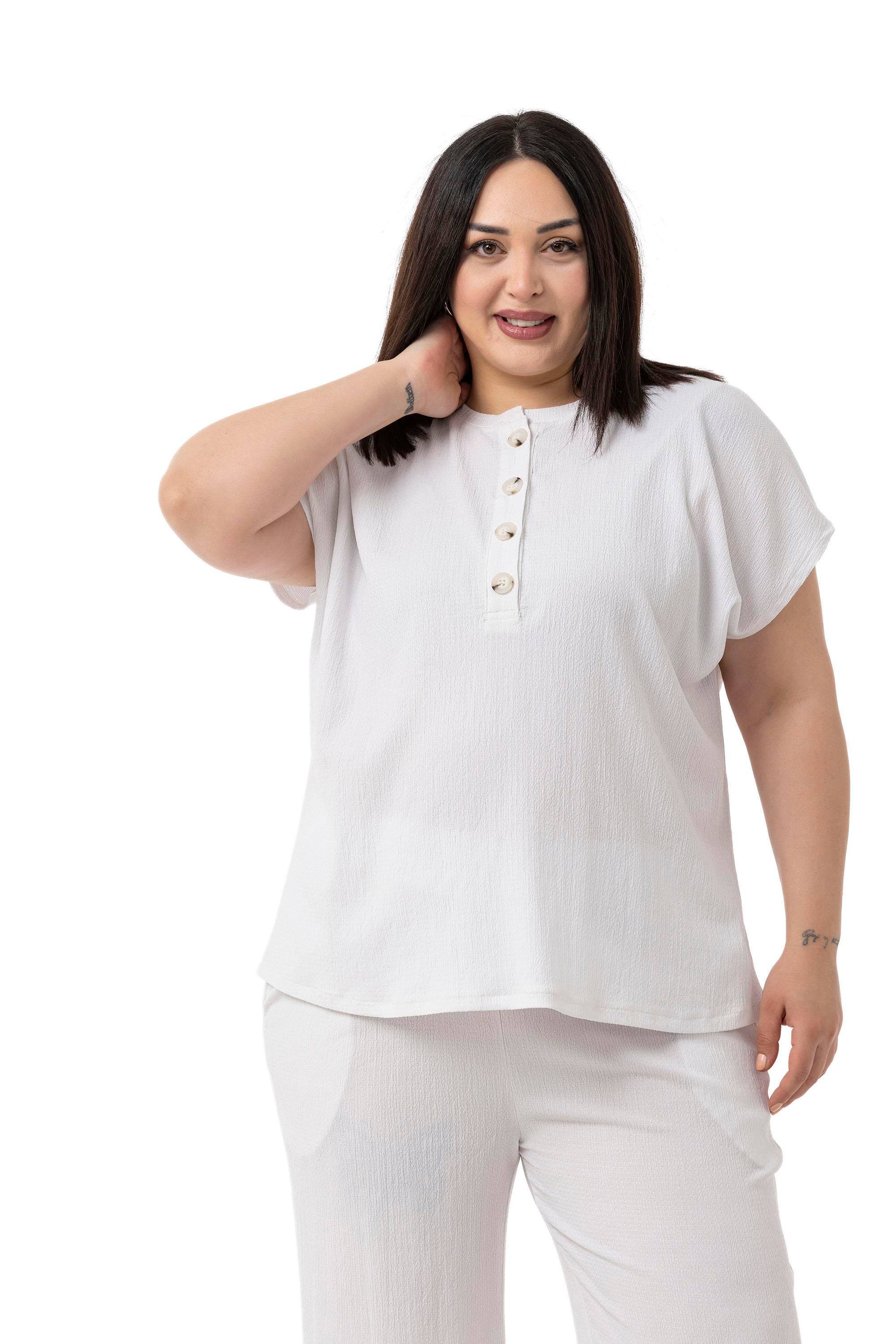 Bluz | Pantolon TakımlarDisentis Modest Büyük Beden Düşük Kollu Bluz Pantolon Beyaz İkili TakımDISENTIS MODESTBüyük Beden Düşük Kollu Bluz Pantolon Beyaz İkili Takım