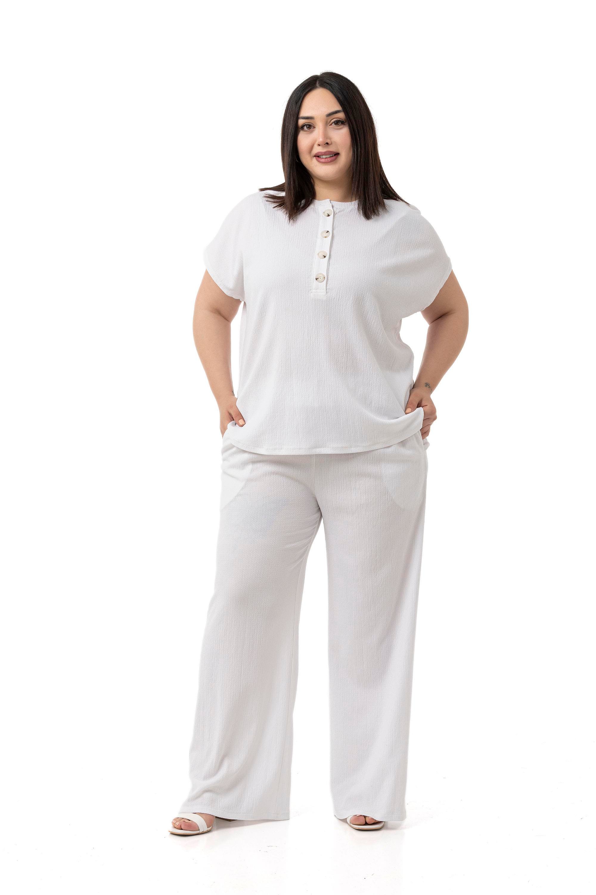 Bluz | Pantolon TakımlarDisentis Modest Büyük Beden Düşük Kollu Bluz Pantolon Beyaz İkili TakımDISENTIS MODESTBüyük Beden Düşük Kollu Bluz Pantolon Beyaz İkili Takım