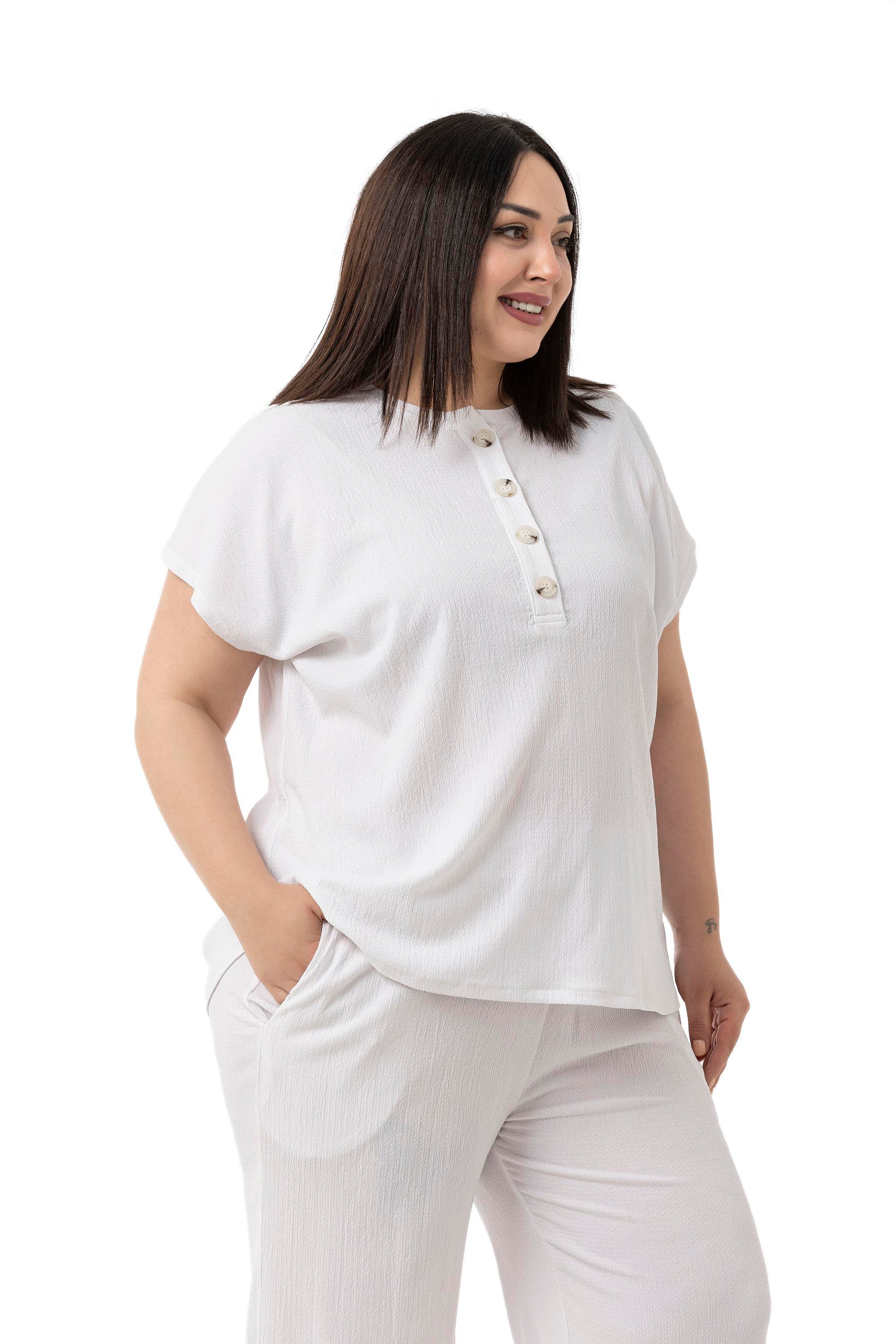 Bluz | Pantolon TakımlarDisentis Modest Büyük Beden Düşük Kollu Bluz Pantolon Beyaz İkili TakımDISENTIS MODESTBüyük Beden Düşük Kollu Bluz Pantolon Beyaz İkili Takım