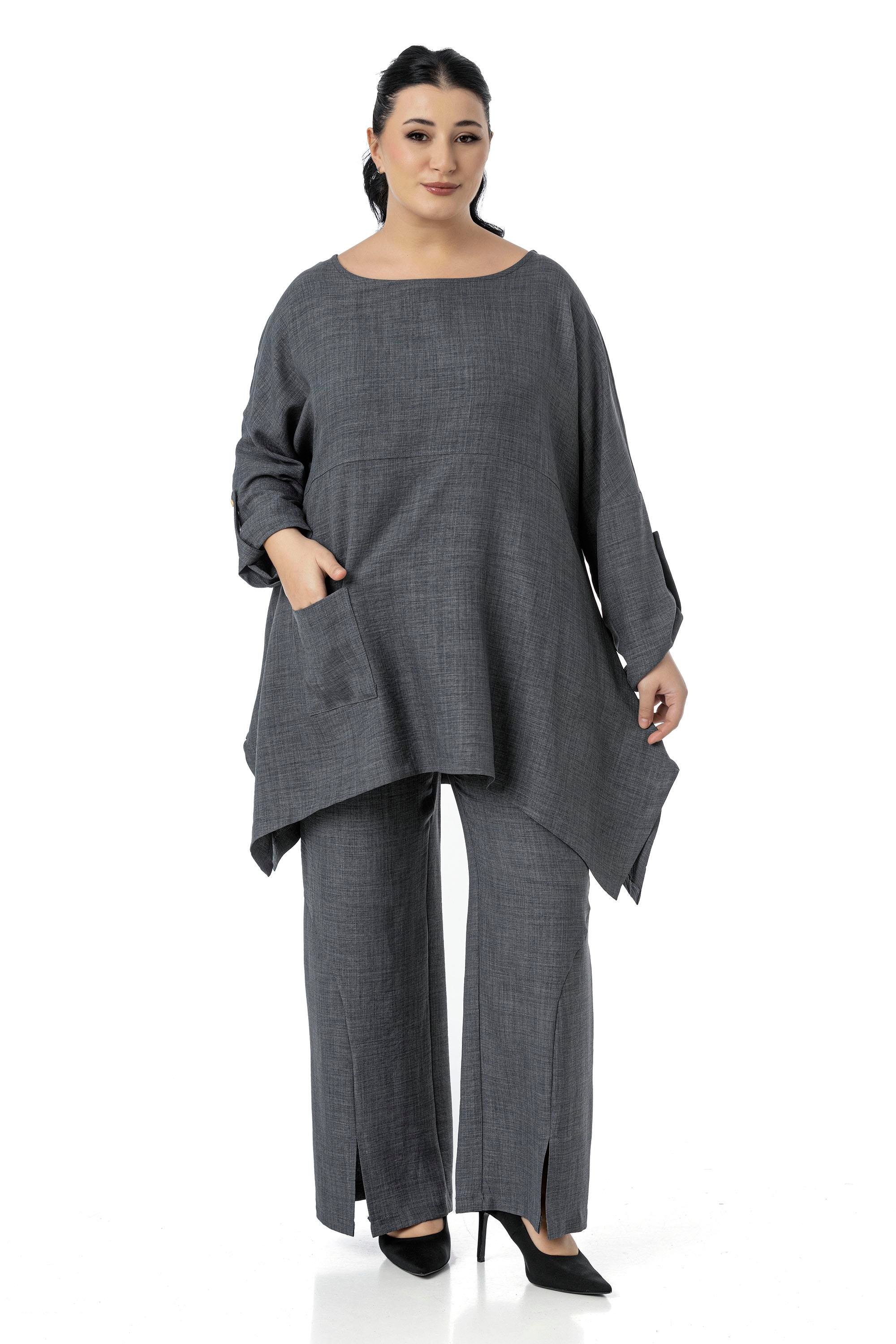Bluz | Pantolon TakımlarDisentis Modest Büyük Beden Rahat Kesim Bluz Pantolon Gri İkili TakımDISENTIS MODESTBüyük Beden Rahat Kesim Bluz Pantolon Gri İkili Takım