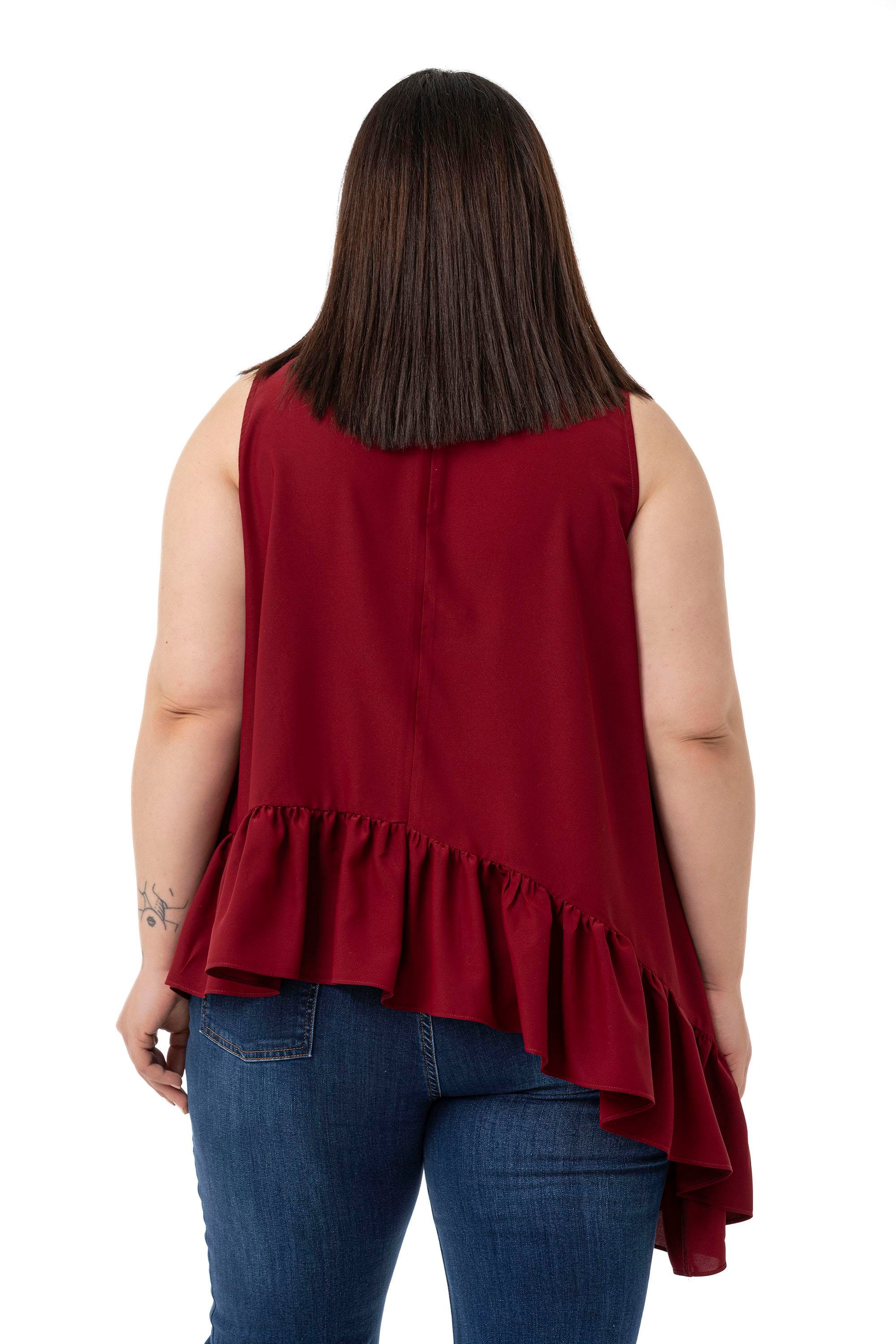 BluzDisentis Modest Büyük Beden Asimetrik Kesim Eteği Fırfırlı Yarım Dik Yaka Bordo Bluz DISENTIS MODESTBüyük Beden Asimetrik Kesim Eteği Fırfırlı Yarım Dik Yaka Bordo Bluz