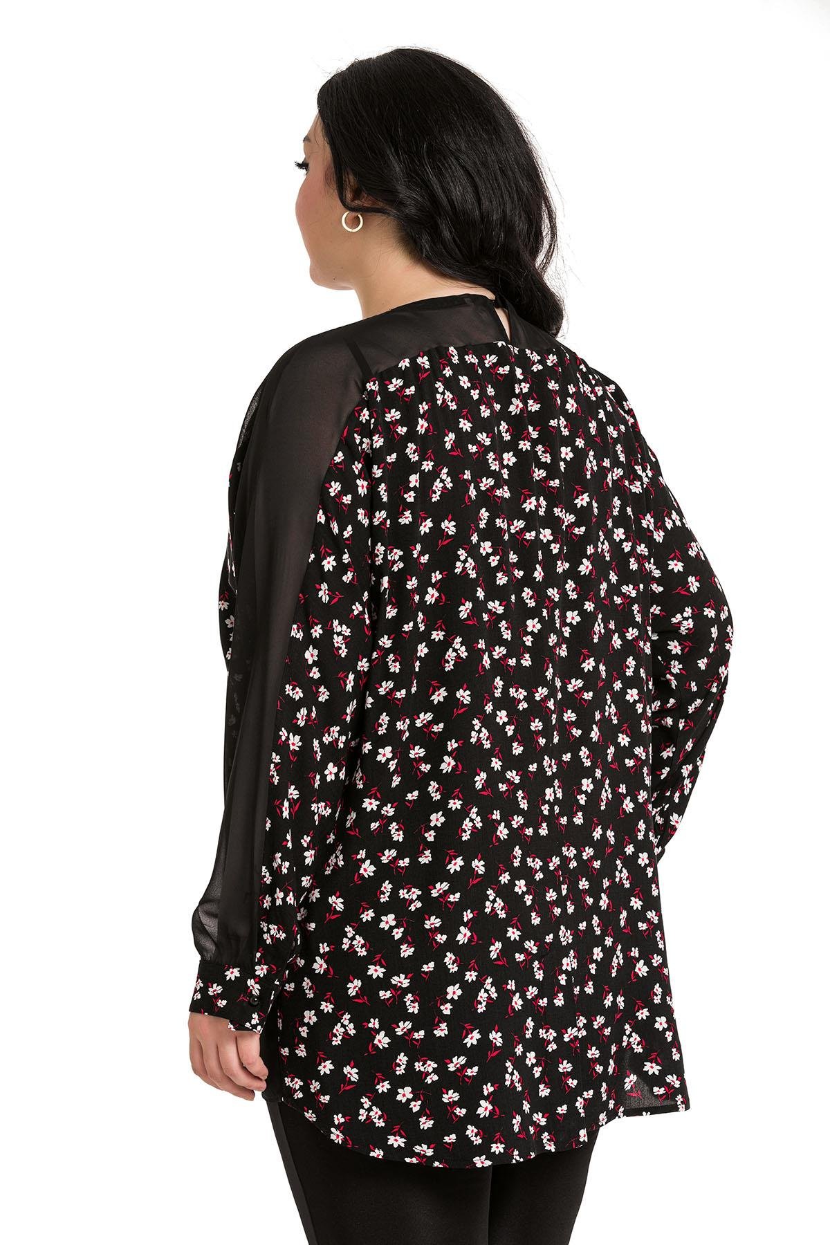 BluzDisentis Modest Çiçek Desenli Kolları Tül Detaylı Dokuma Viskon Kumaşlı Siyah BluzDISENTIS MODESTBüyük Beden Çiçek Desenli Kolları Tül Detaylı Dokuma Viskon Kumaşlı Siyah Bluz