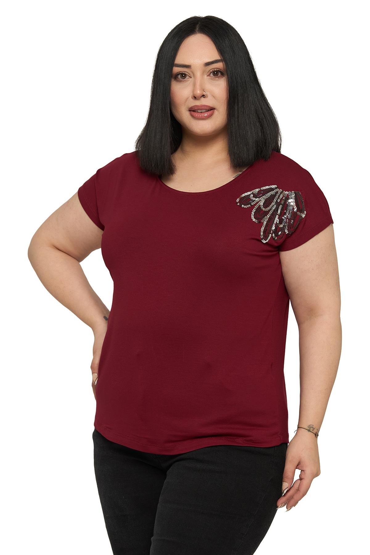 BluzDisentis Modest Büyük Beden Düşük Kısa Kollu Omuzda Damla Desenli Bordo BluzDISENTIS MODESTBüyük Beden Düşük Kısa Kollu Omuzda Damla Desenli Bordo Bluz