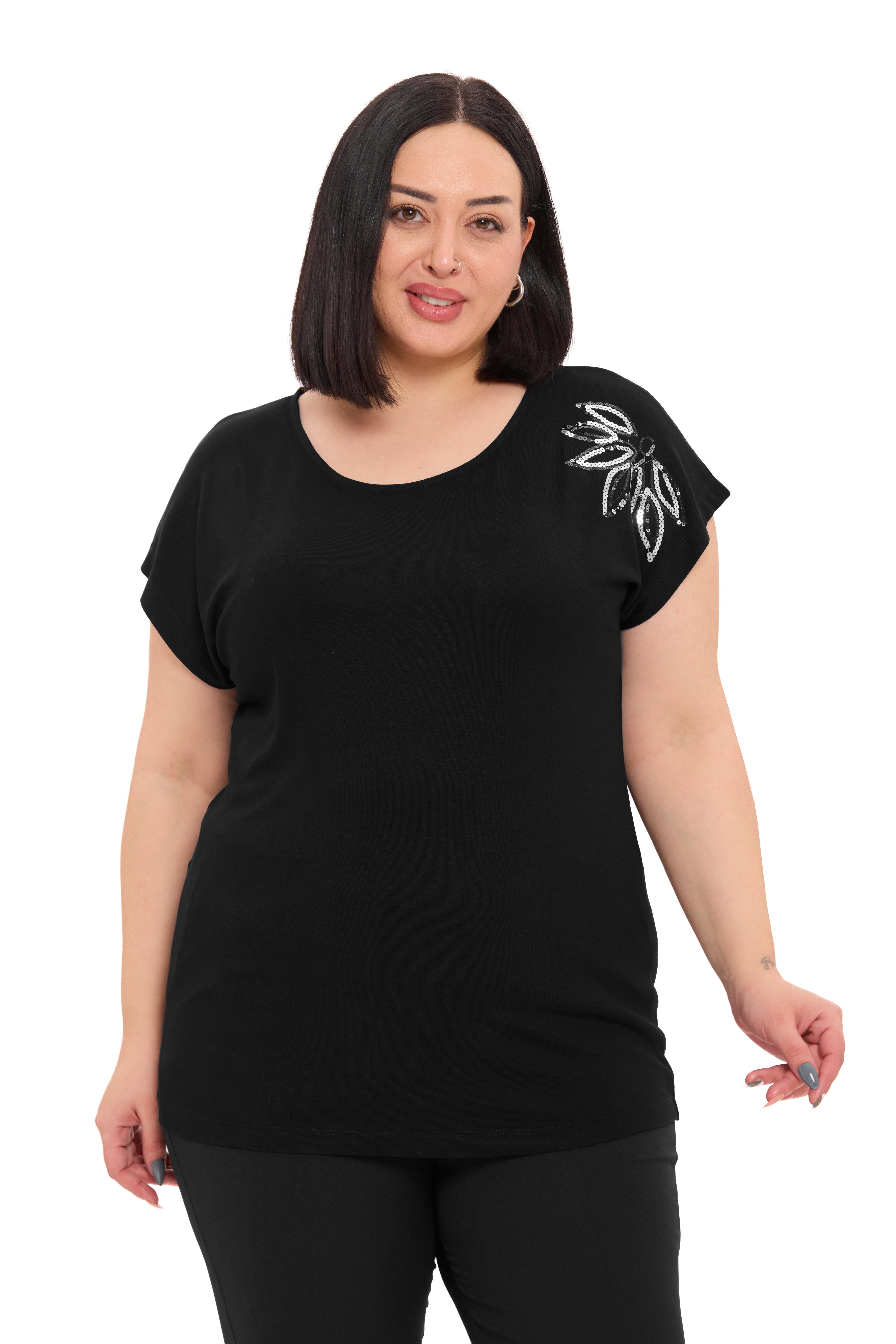 BluzDisentis Modest Büyük Beden Düşük Kısa Kollu Omuzda Yaprak Desenli Siyah BluzDISENTIS MODESTBüyük Beden Düşük Kısa Kollu Omuzda Yaprak Desenli Siyah Bluz