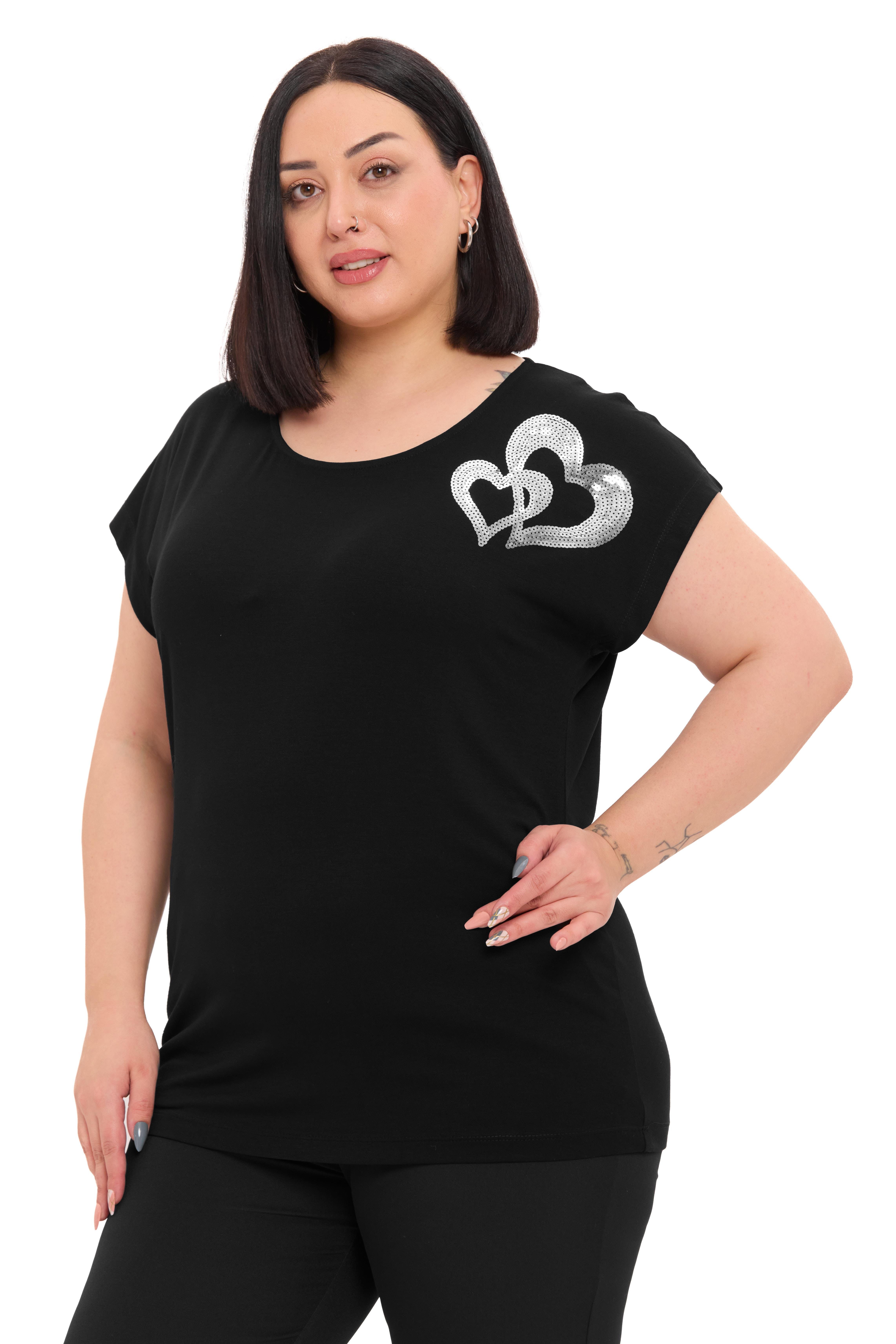 BluzDisentis Modest Büyük Beden Düşük Kısa Kollu Omuzda Kalp Desenli Siyah BluzDISENTIS MODESTBüyük Beden Düşük Kısa Kollu Omuzda Kalp Desenli Siyah Bluz