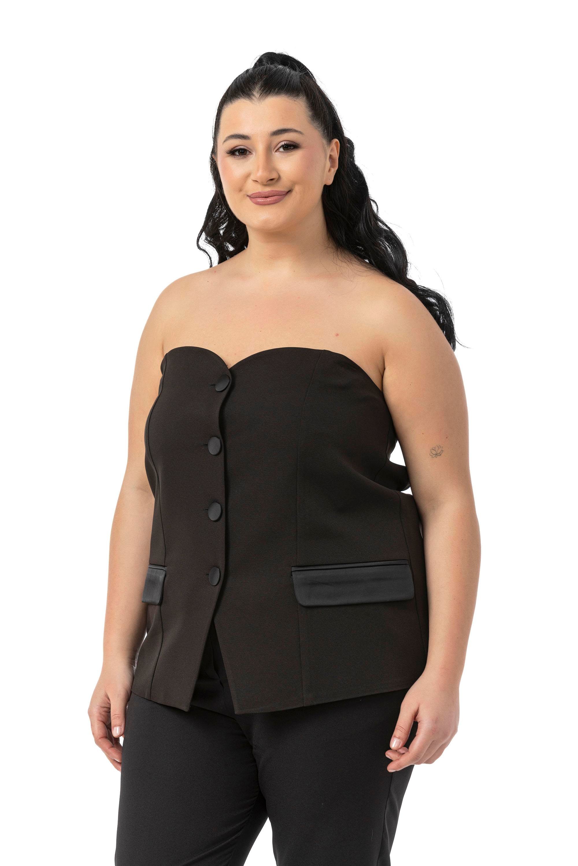 BlouseDisentis Modest Büyük Beden Saten Süs Cep Kapaklı ve Saten Kaplama Düğmeli Sırtı Lastikli Siyah BüstiyerDISENTIS MODESTBüyük Beden Saten Süs Cep Kapaklı ve Saten Kaplama Düğmeli Sırtı Lastikli Siyah Büstiyer