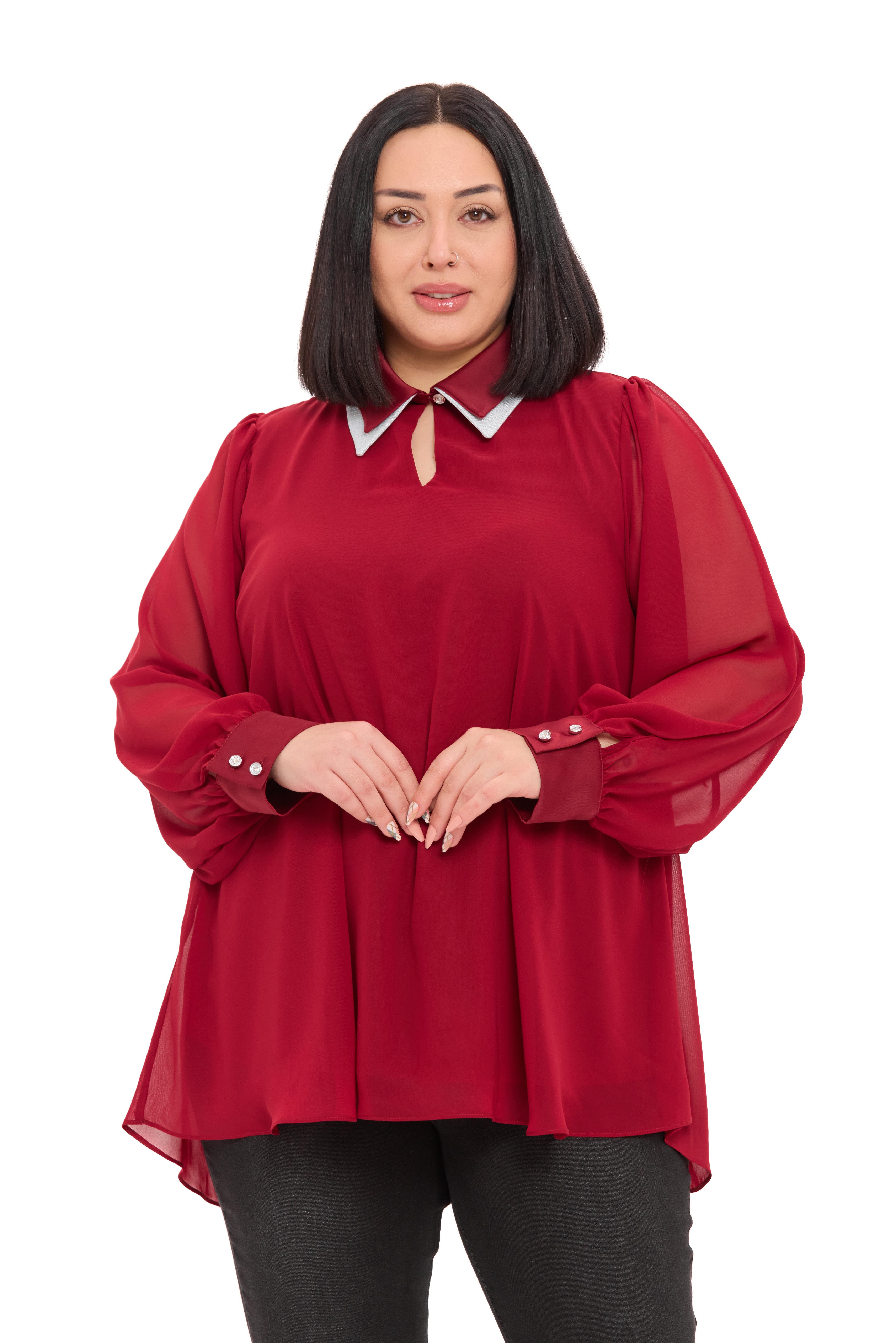BluzDisentis Modest Büyük Beden Yakası Çift Kat Şifon Astarlı Bordo BluzDISENTIS MODESTBüyük Beden Yakası Çift Kat Şifon Astarlı Bordo Bluz