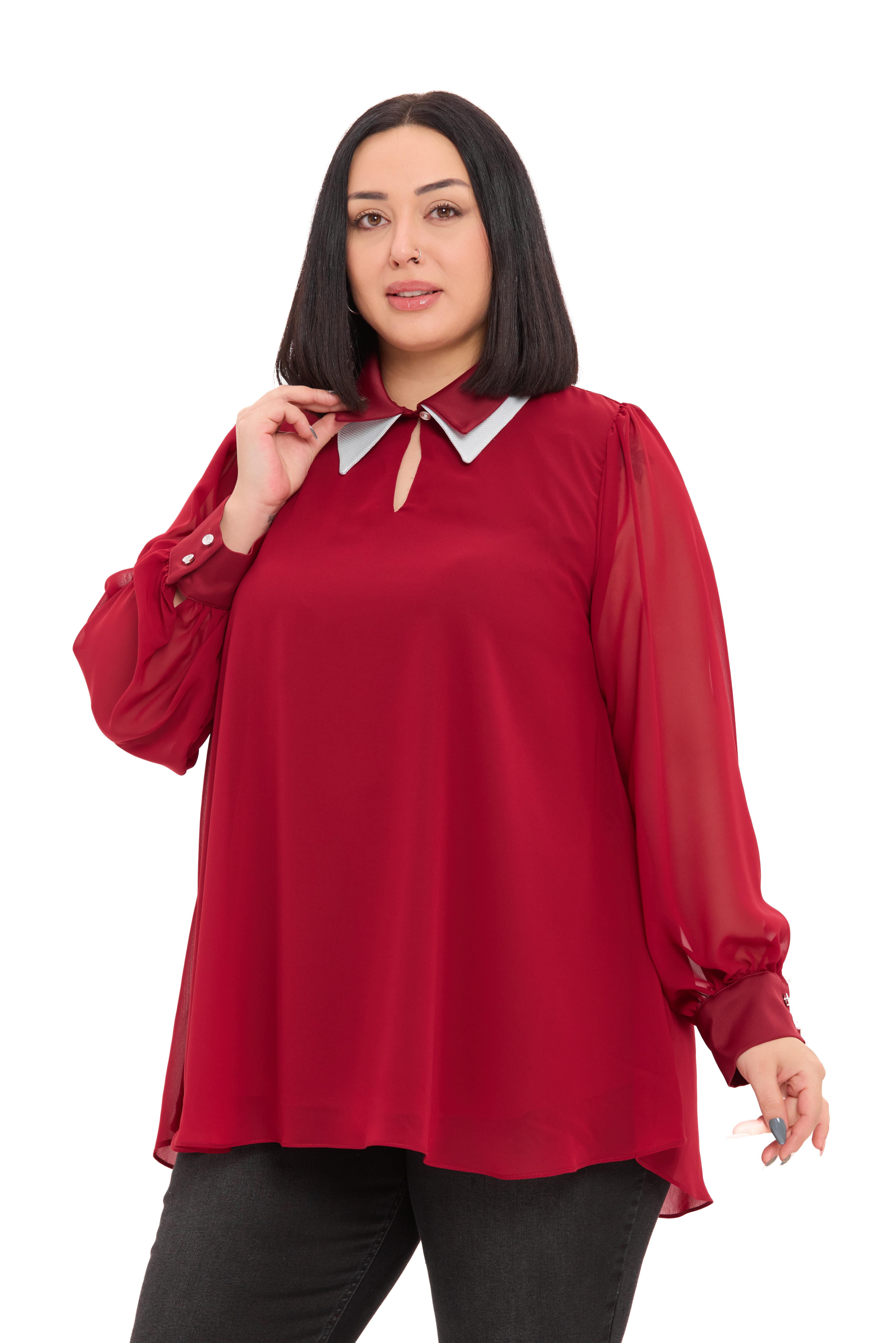 BluzDisentis Modest Büyük Beden Yakası Çift Kat Şifon Astarlı Bordo BluzDISENTIS MODESTBüyük Beden Yakası Çift Kat Şifon Astarlı Bordo Bluz