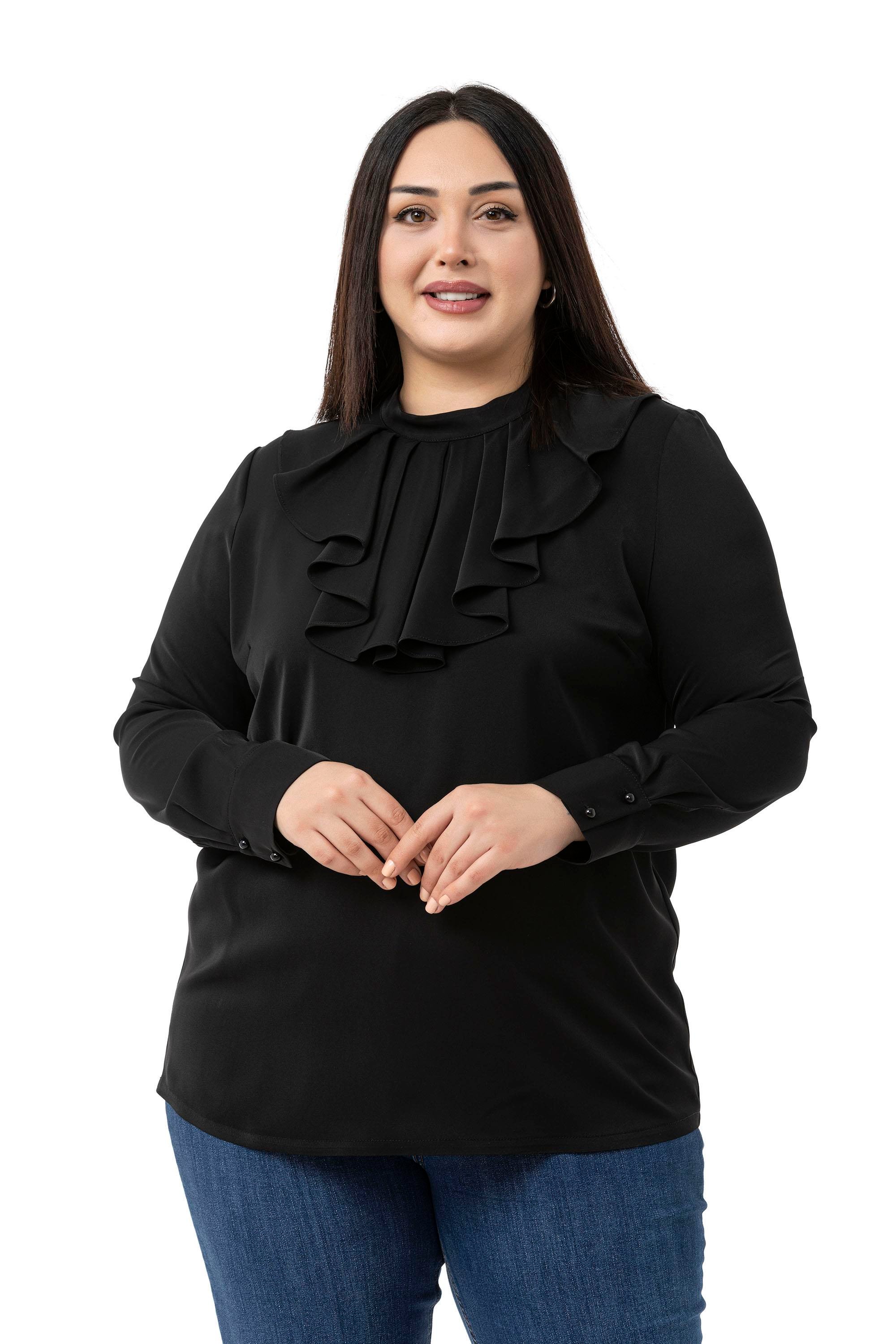 BluzDisentis Modest Büyük Beden Yakası Tek Kat Volanlı Manşetli Siyah BluzDISENTIS MODESTBüyük Beden Yakası Tek Kat Volanlı Manşetli Siyah Bluz