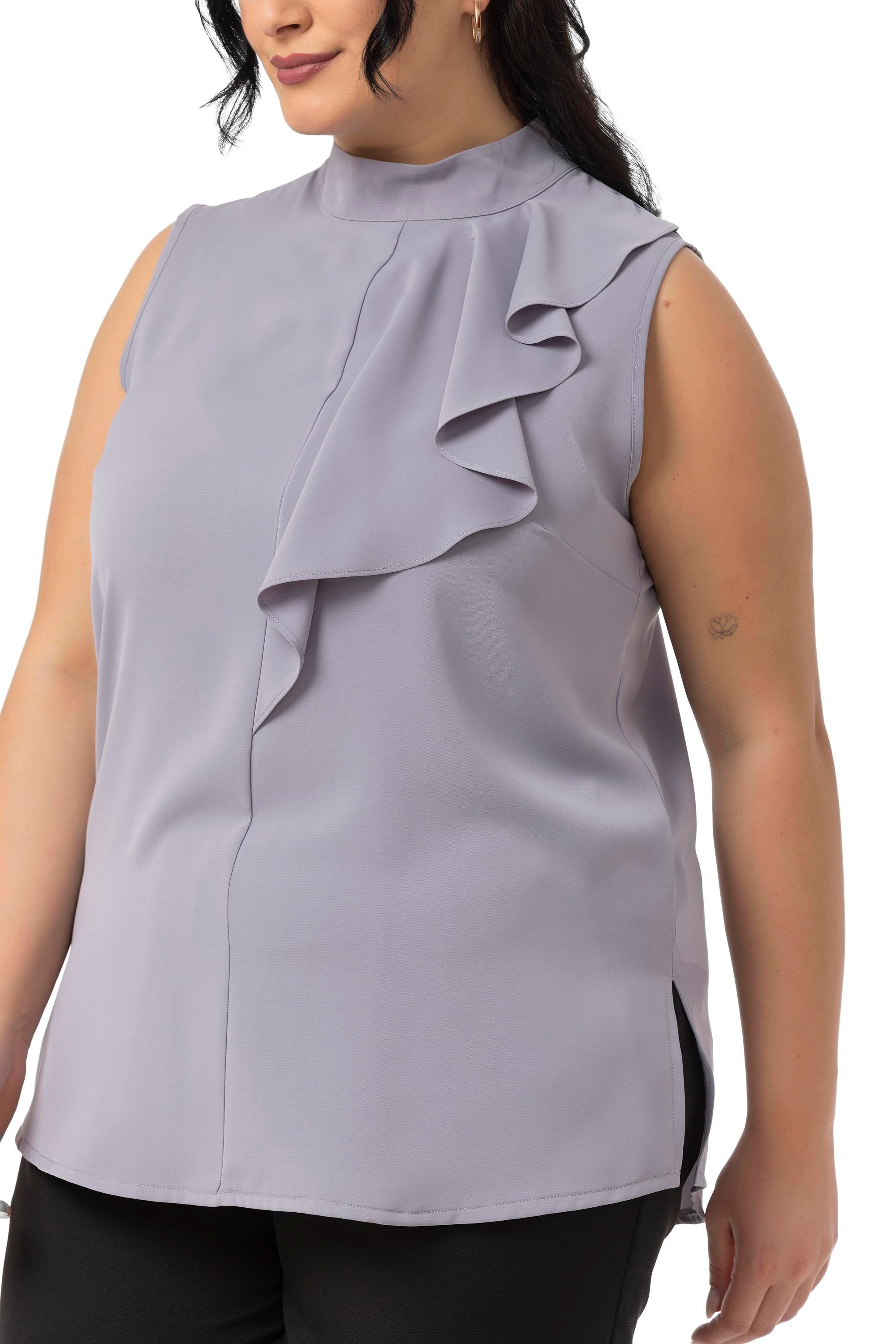 BluzDisentis Modest Büyük Beden Yarım Dik Yaka Asimetrik Volanlı Kolsuz Gri BluzDISENTIS MODESTBüyük Beden Yarım Dik Yaka Asimetrik Volanlı Kolsuz Gri Bluz