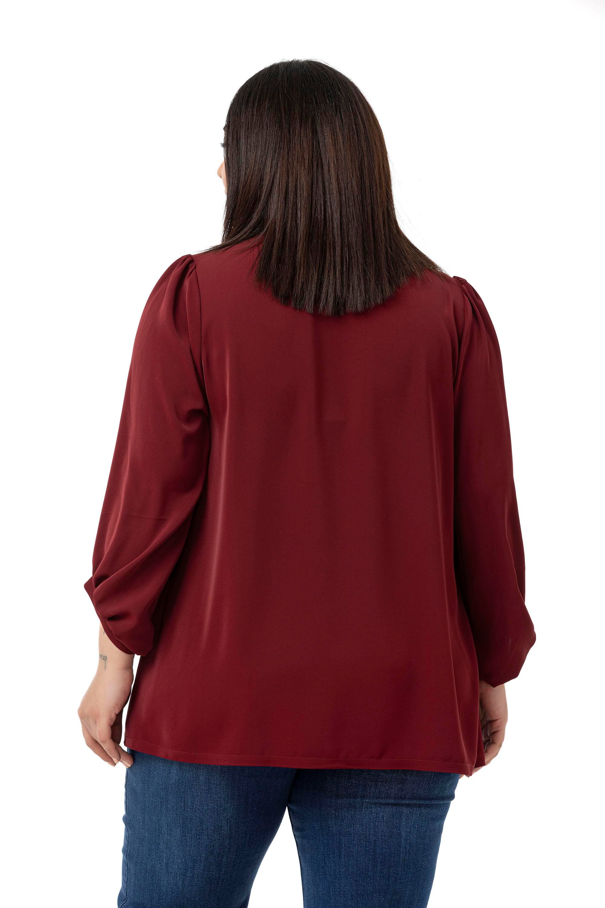 BluzDisentis Modest Büyük Beden Yuvarlak Yaka Truvakar Büzgülü Kollu Rahat Kesim Bordo BluzDISENTIS MODESTBüyük Beden Yuvarlak Yaka Truvakar Büzgülü Kollu Rahat Kesim Bordo Bluz