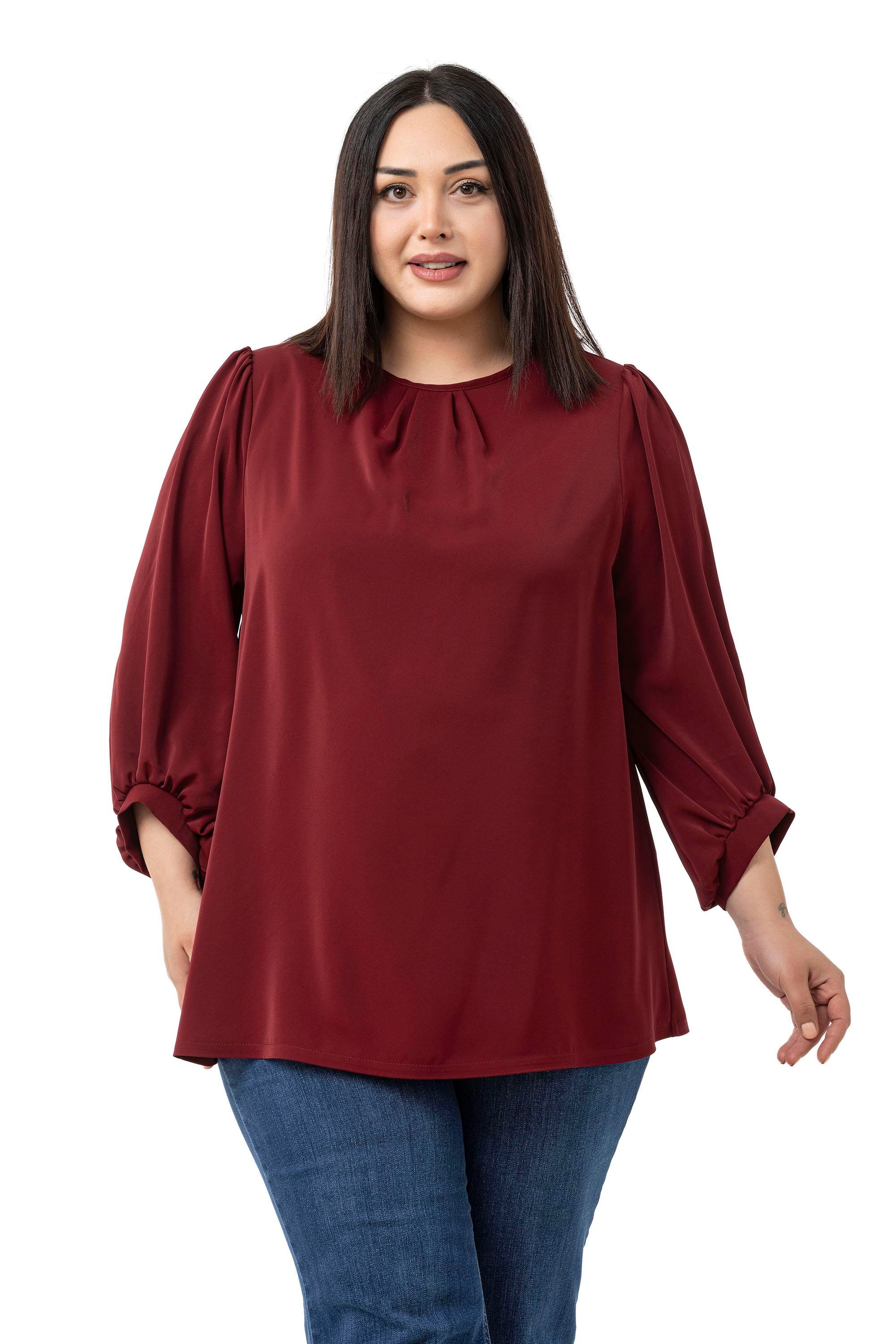 BluzDisentis Modest Büyük Beden Yuvarlak Yaka Truvakar Büzgülü Kollu Rahat Kesim Bordo BluzDISENTIS MODESTBüyük Beden Yuvarlak Yaka Truvakar Büzgülü Kollu Rahat Kesim Bordo Bluz