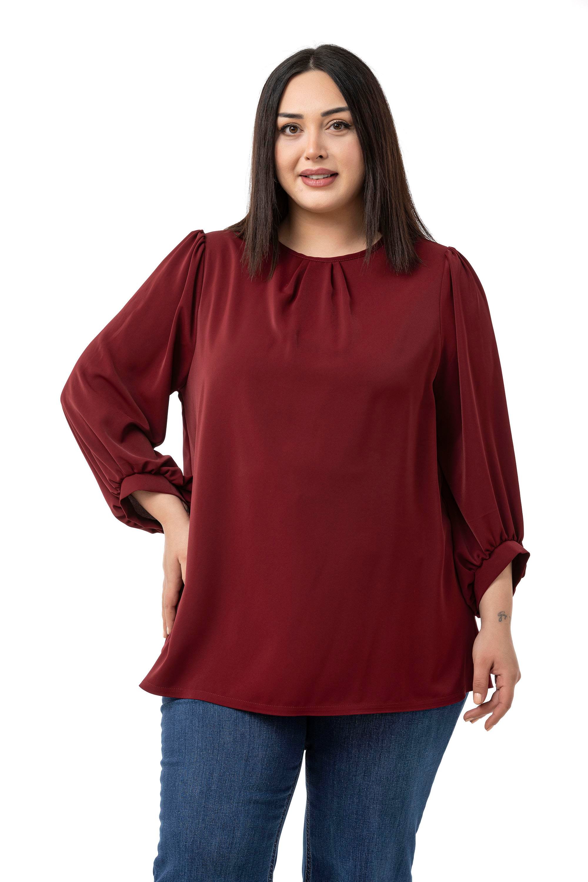 BluzDisentis Modest Büyük Beden Yuvarlak Yaka Truvakar Büzgülü Kollu Rahat Kesim Bordo BluzDISENTIS MODESTBüyük Beden Yuvarlak Yaka Truvakar Büzgülü Kollu Rahat Kesim Bordo Bluz