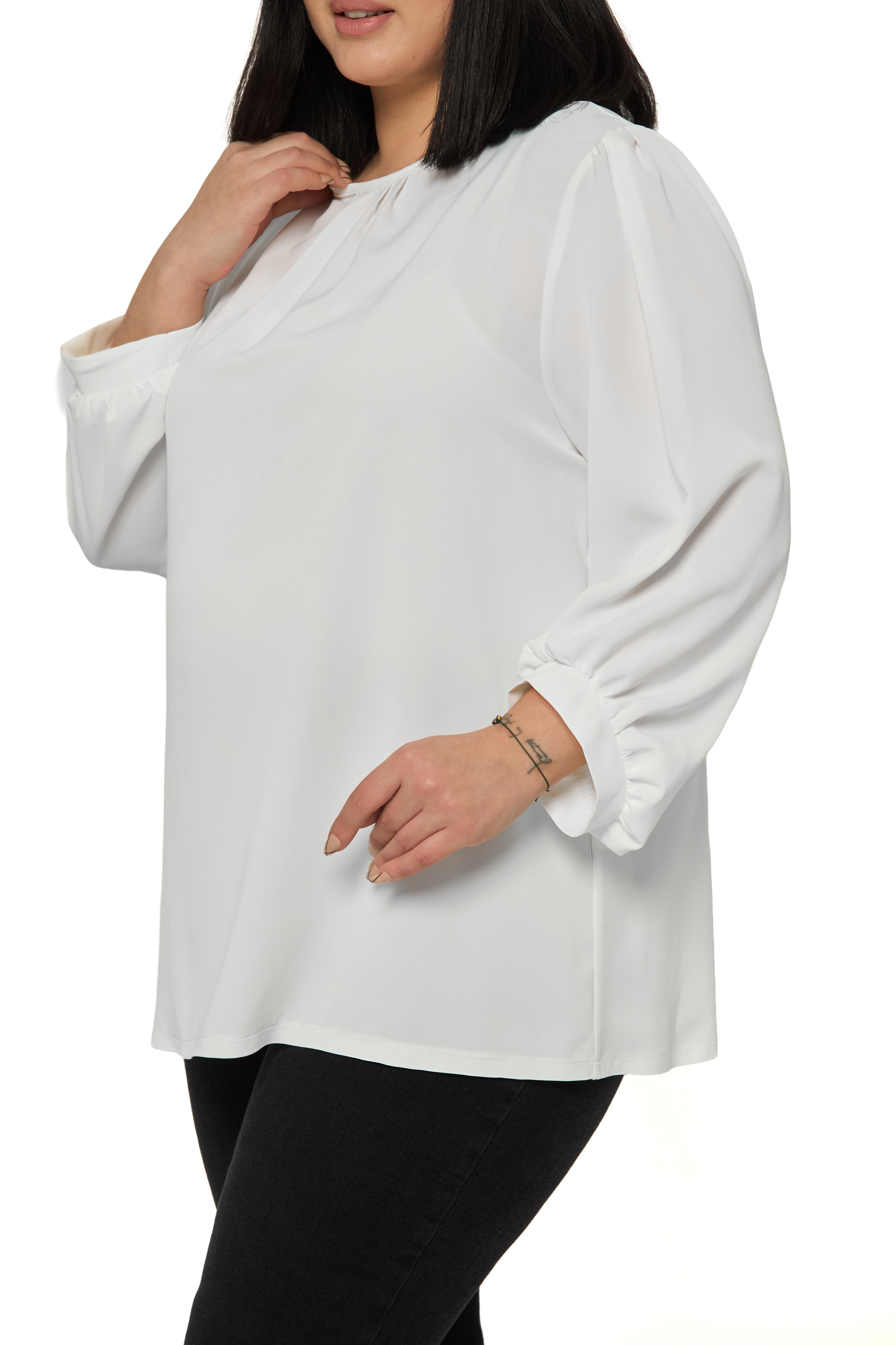 BluzDisentis Modest Büyük Beden Yuvarlak Yaka Truvakar Büzgülü Kollu Rahat Kesim Beyaz BluzDISENTIS MODESTBüyük Beden Yuvarlak Yaka Truvakar Büzgülü Kollu Rahat Kesim Beyaz Bluz