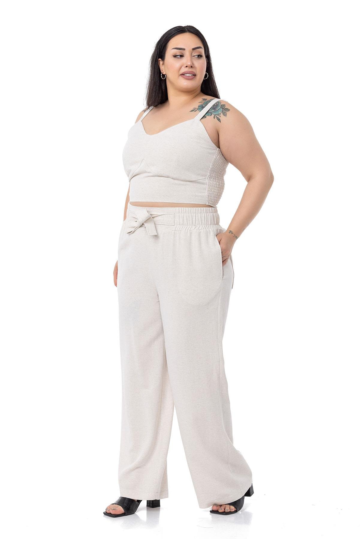 Bluz&PantolonDISENTIS MODEST GENC BUYUK BEDEN BUSTIYER PANTOLON KETEN TAKIMDISENTIS MODESTBüyük Beden Büstiyer Pantolon Bej Rengi İkili Takım 