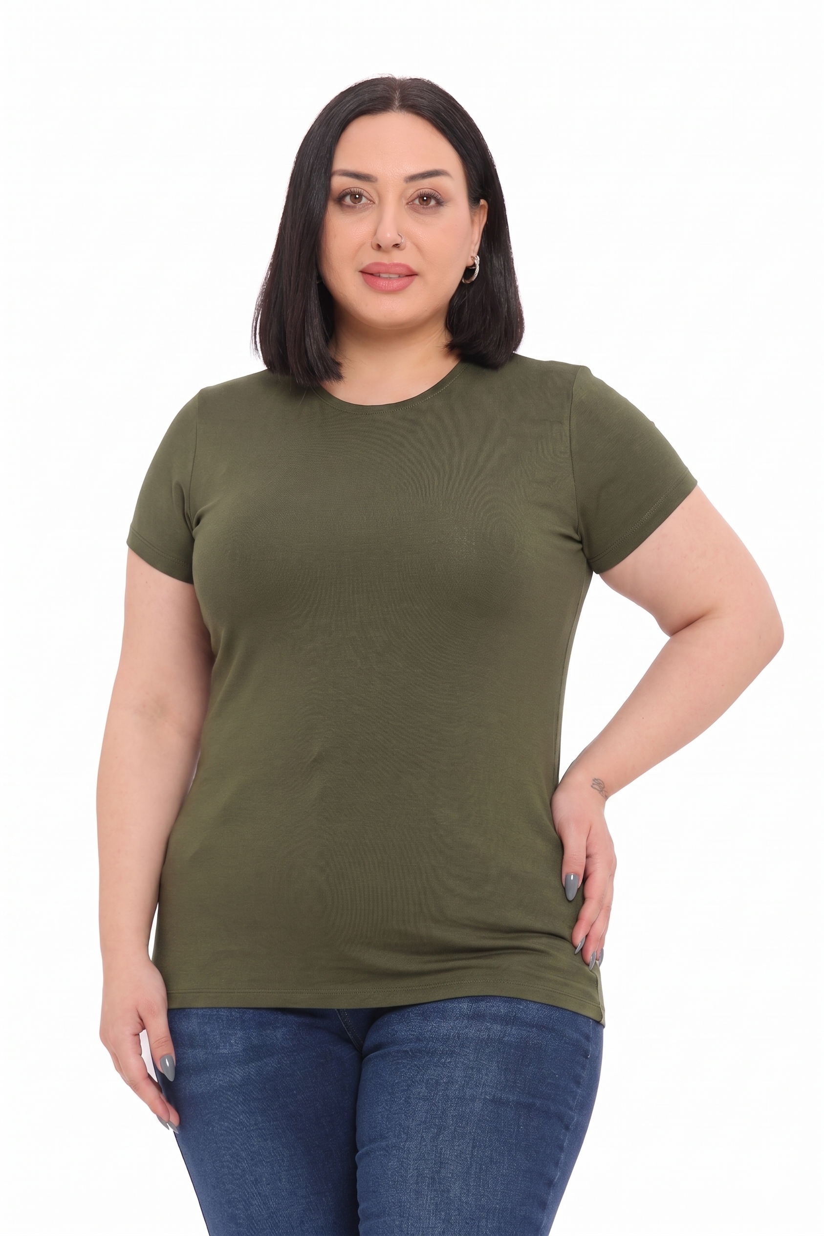 Body | TopDisentis Modest Büyük Beden Bisiklet Yaka Kısa Kollu Viskon Haki BodyDISENTIS MODESTBüyük Beden Bisiklet Yaka Kısa Kollu Viskon Haki Body