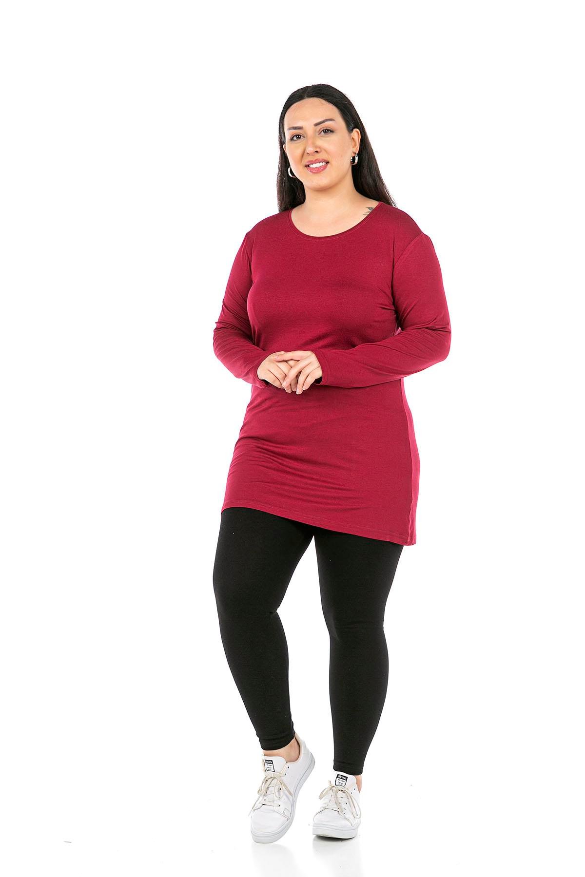 Body | TopsdisentisBüyük Beden Yuvarlak Yaka Uzun Kollu Viskon Uzun Bordo Body