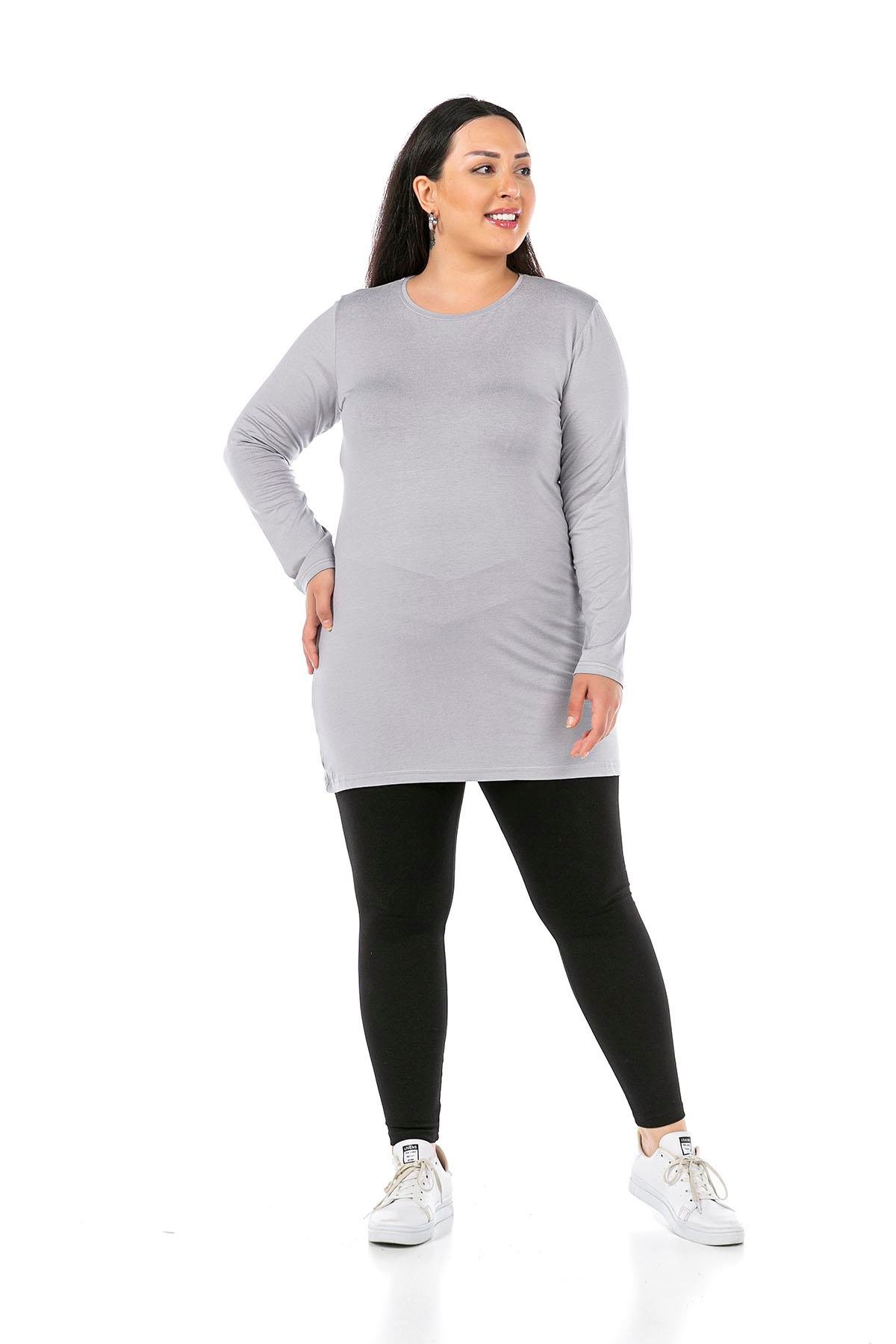 Body | TopsdisentisBüyük Beden Yuvarlak Yaka Uzun Kollu Viskon Uzun Gri Body