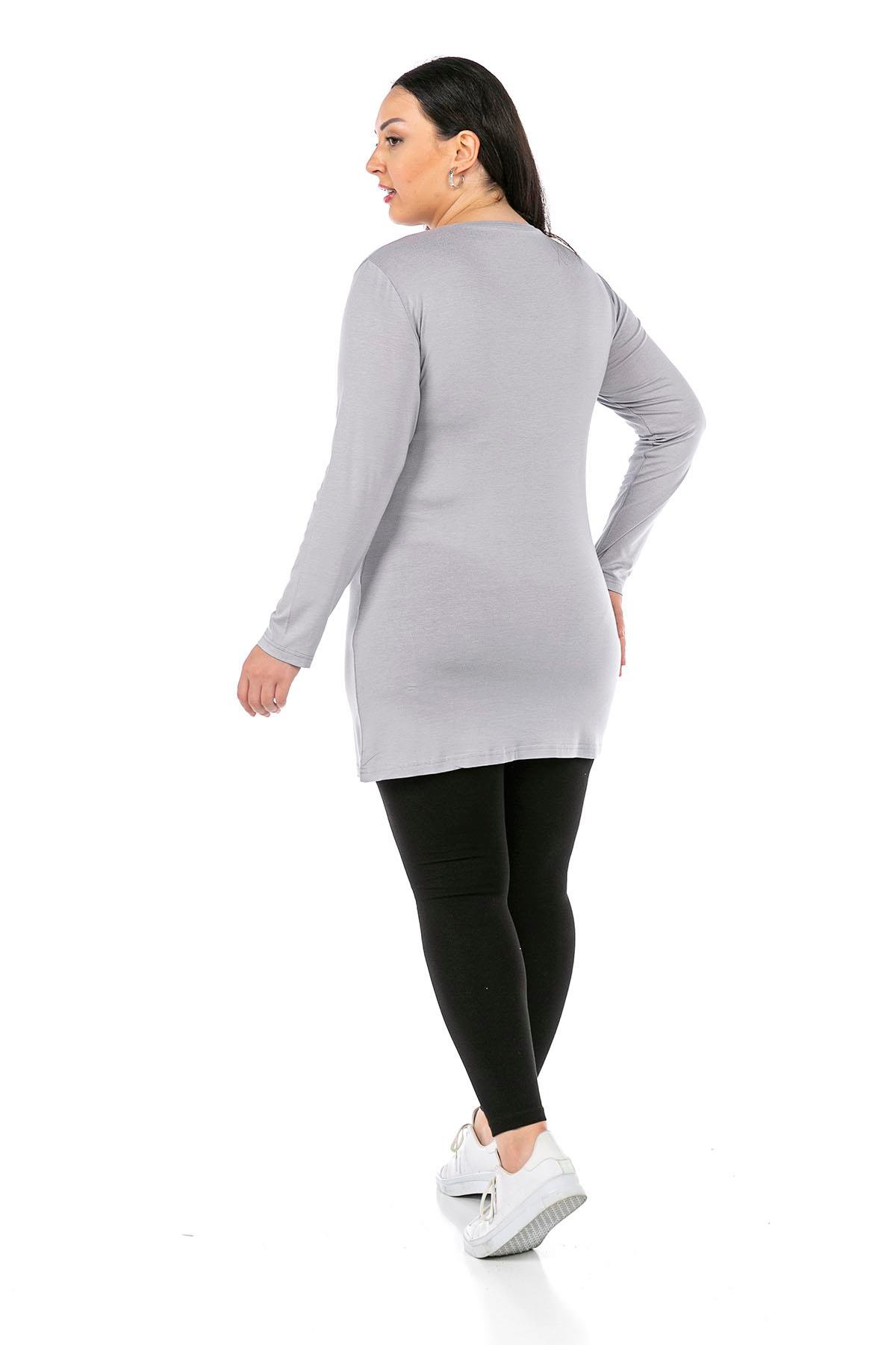 Body | TopsdisentisBüyük Beden Yuvarlak Yaka Uzun Kollu Viskon Uzun Gri Body