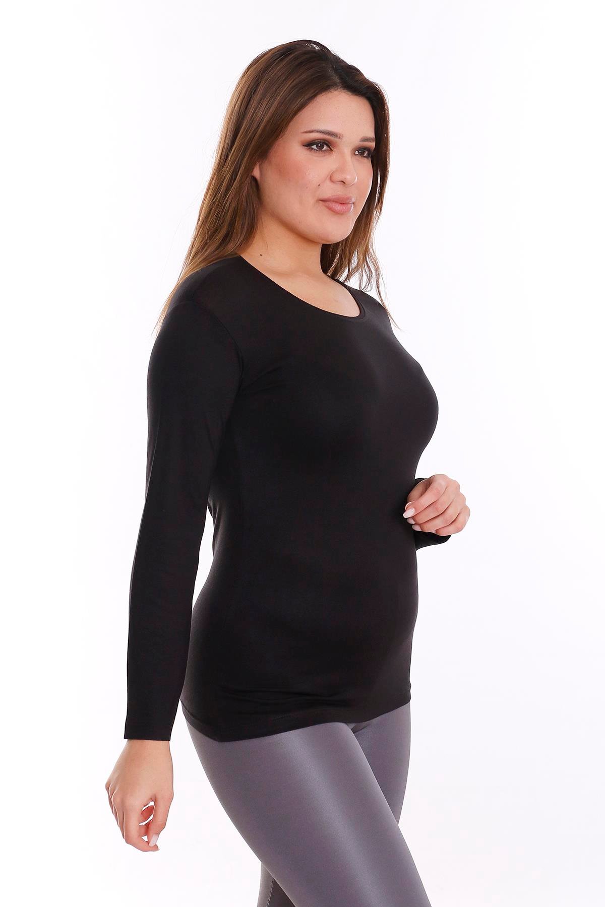 Body | TopsdisentisBüyük Beden Yuvarlak Yaka Uzun Kollu Viskon Siyah Body