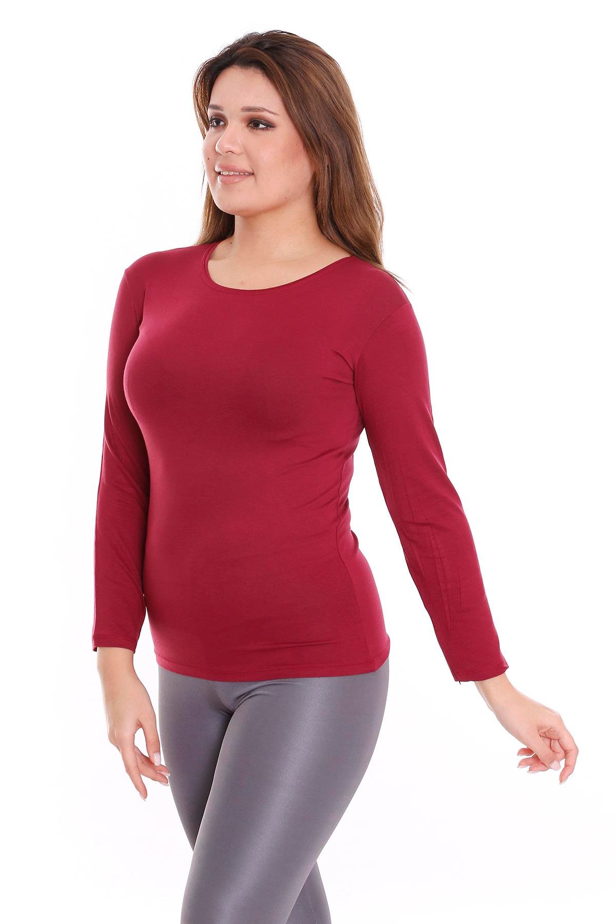 Body | TopsdisentisBüyük Beden Yuvarlak Yaka Uzun Kollu Viskon Bordo Body