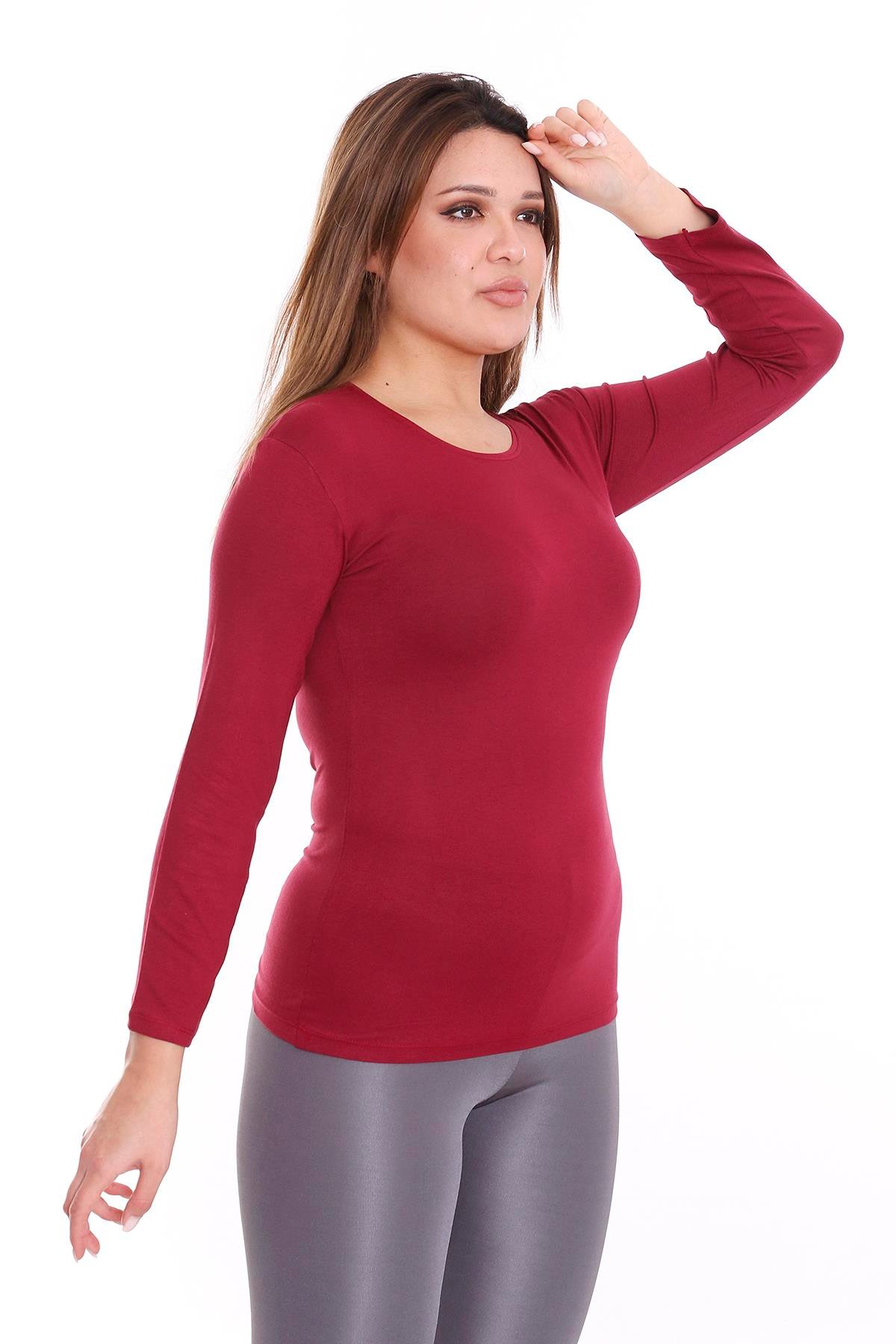 Body | TopsdisentisBüyük Beden Yuvarlak Yaka Uzun Kollu Viskon Bordo Body